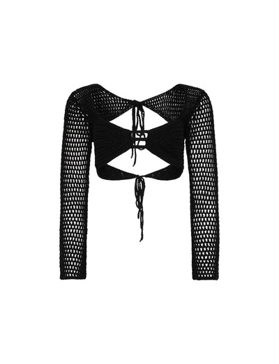 The MACAULEY TOP - BLACK by TIGERMIST is a black crochet long-sleeve crop top with an open lattice design. It features a crisscross tie detail at both the front and back. The unique pattern and see-through material make it ideal for layering or wearing as a standout piece.