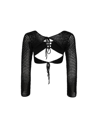 Introducing the MACAULEY TOP - BLACK from TIGERMIST. This black, long-sleeve, open-knit crochet top features a tie-up design at the back, intricate netted patterning, and an exposed midriff section that creates a stylish and breathable look. Perfect for layering or beachwear.