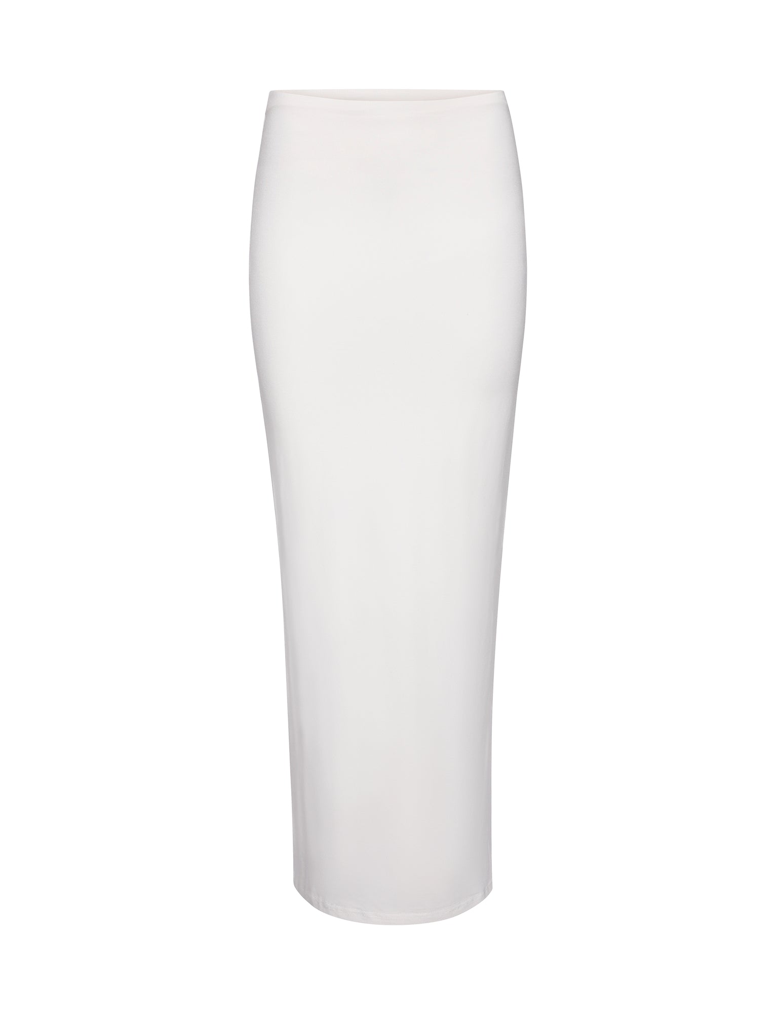 The ADDISON SKIRT - WHITE by TIGERMIST is a white, high-waisted bodycon pencil skirt that extends to mid-calf length and has a smooth, fitted appearance. Featured on a white background.