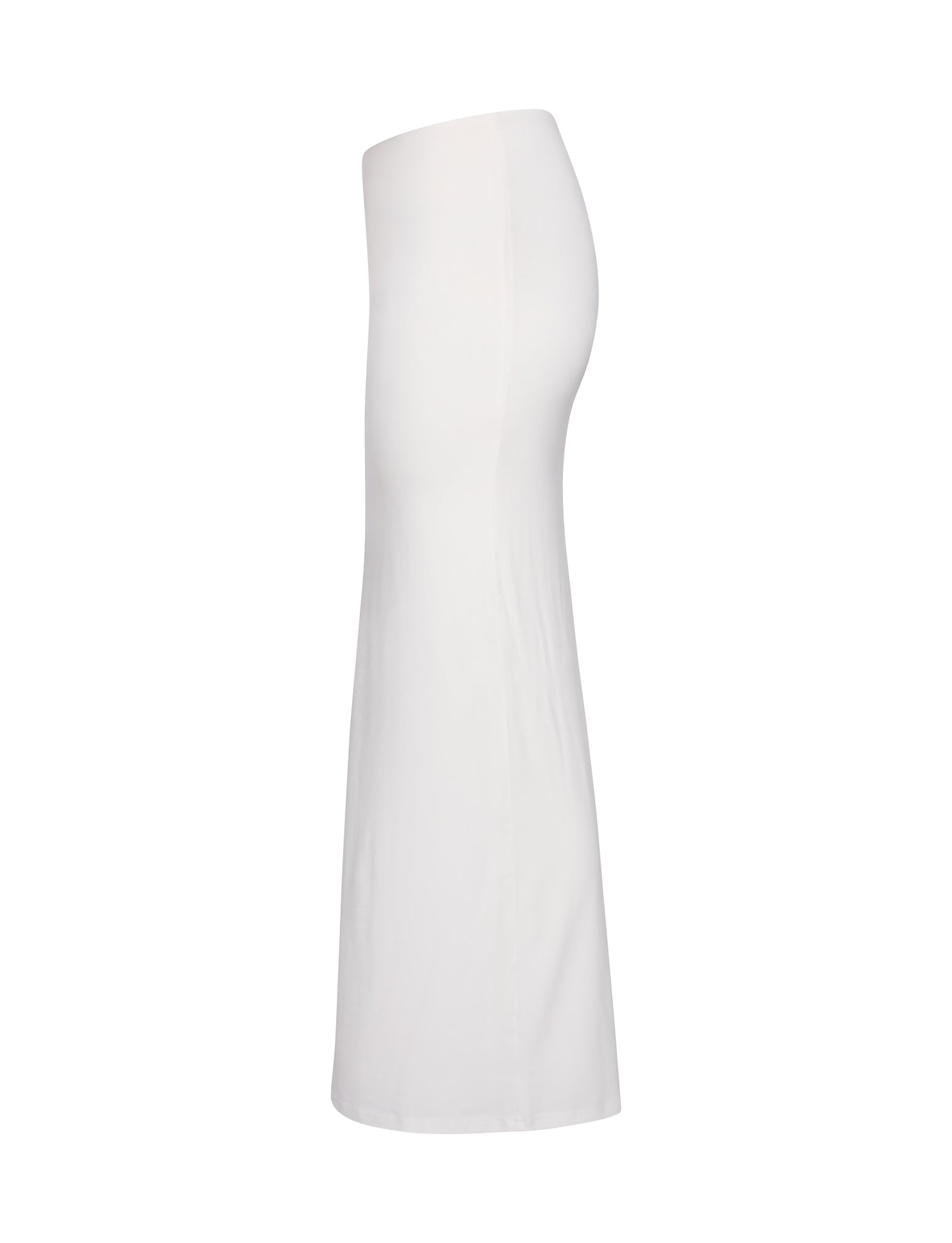 Side view of the ADDISON SKIRT - WHITE from TIGERMIST, displayed on a plain white background. This knee-length pencil skirt features a form-fitting design with a high waist and smooth fabric.