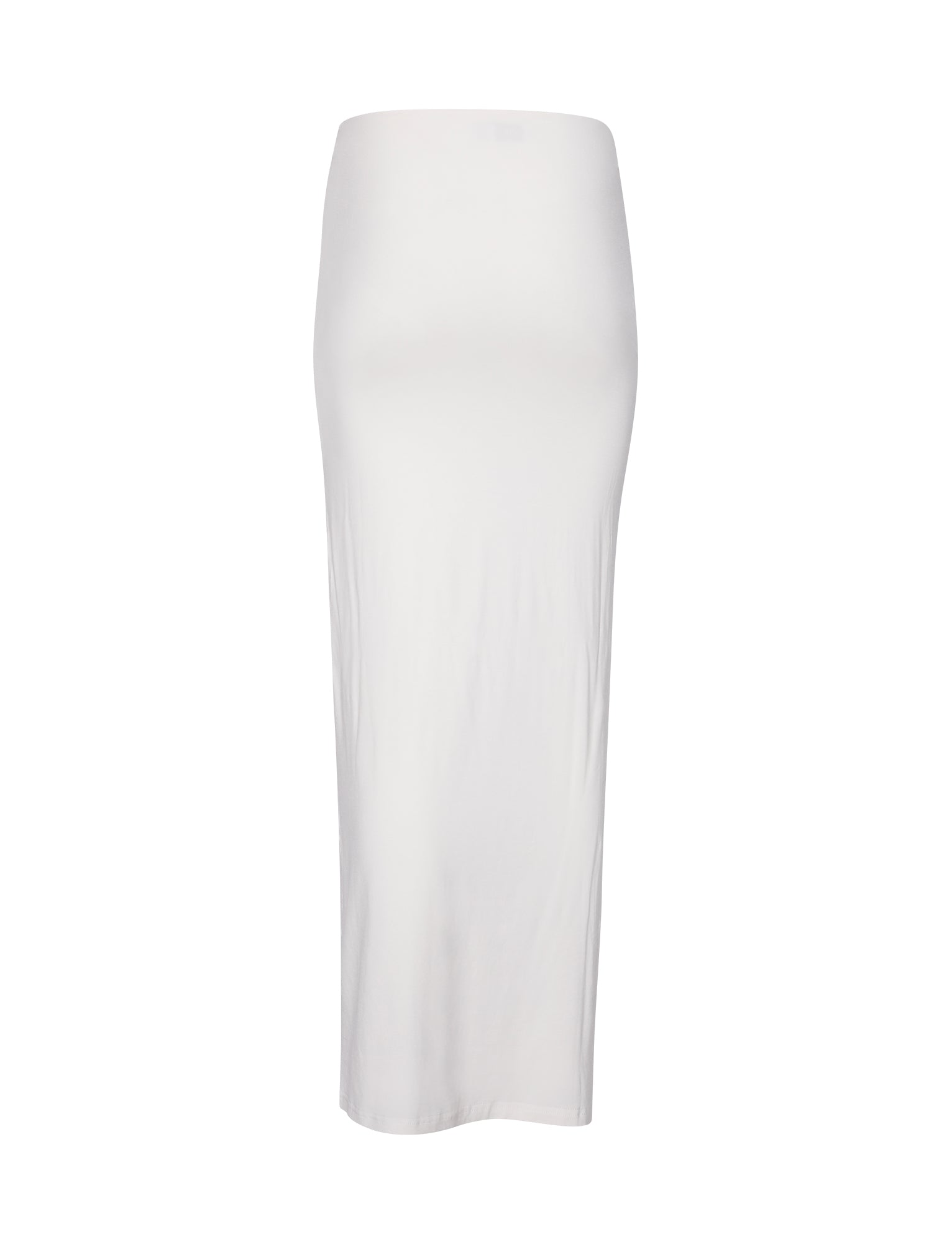 The ADDISON SKIRT - WHITE from TIGERMIST is displayed against a plain background. This knee-length, high-waisted pencil skirt features a smooth, form-fitting design made from stretchy fabric, making it suitable for both casual and formal wear.