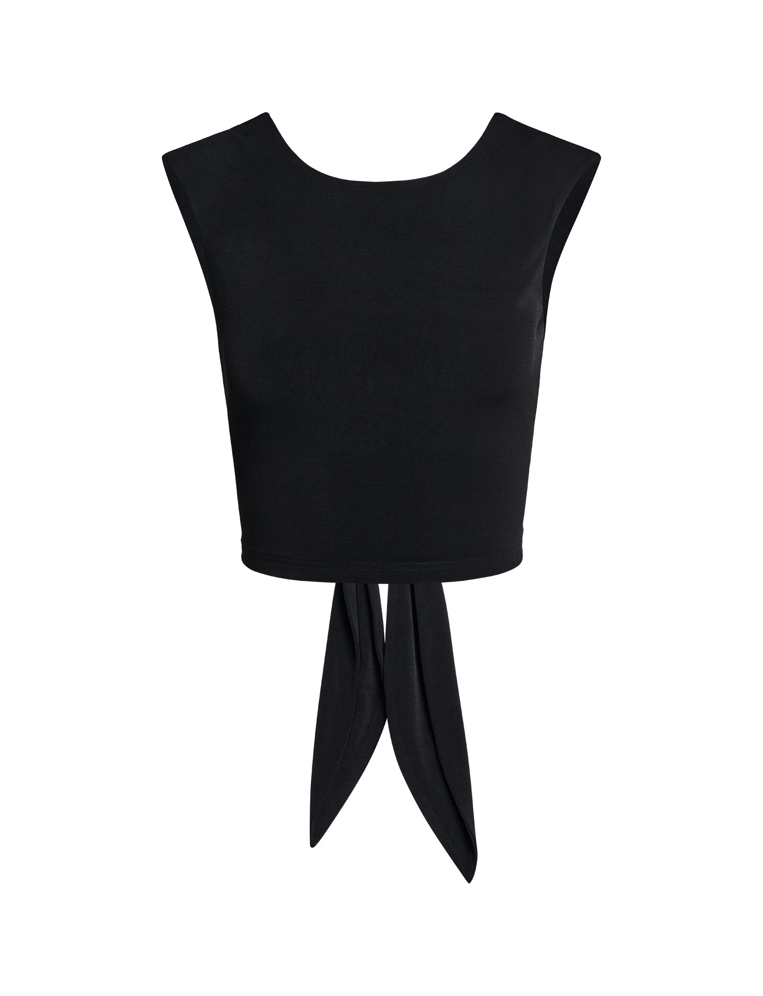 The SHAYNA TOP - BLACK by TIGERMIST is a black sleeveless crop top featuring a round neckline and two long fabric ties that hang from the front, designed to be tied in a bow or knot at the waist. The top boasts clean, simple lines with a fitted cut.
