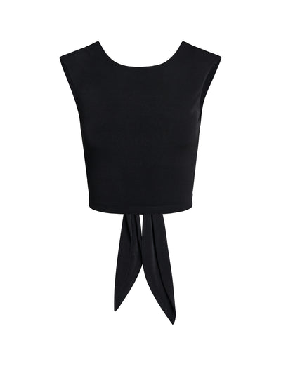 The SHAYNA TOP - BLACK by TIGERMIST is a black sleeveless crop top featuring a round neckline and two long fabric ties that hang from the front, designed to be tied in a bow or knot at the waist. The top boasts clean, simple lines with a fitted cut.