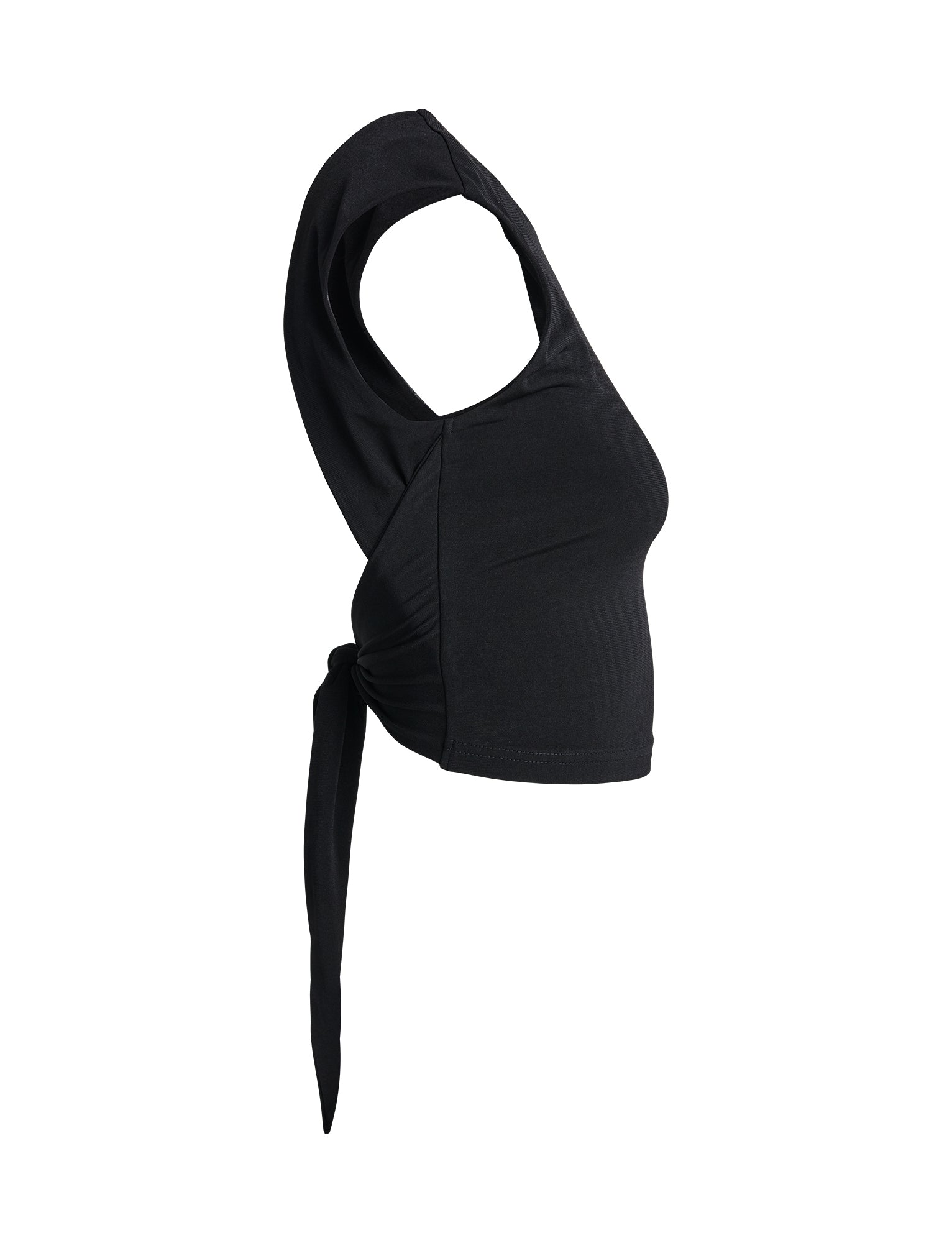 Side view of the SHAYNA TOP - BLACK by TIGERMIST, showcasing its sleeveless, asymmetrical design and round neck. The crop top features a side tie detail that drapes elegantly down, with smooth and fitted fabric enhancing its chic appearance.