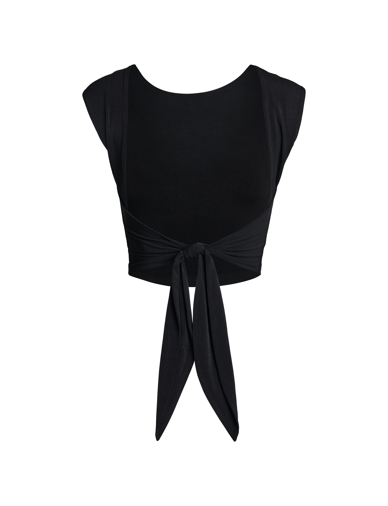 The SHAYNA TOP - BLACK from TIGERMIST is a sleeveless black crop top adorned with wide shoulder straps, a round neckline, and a stylish front tie knot. This sleek, fitted top is showcased against a white background.