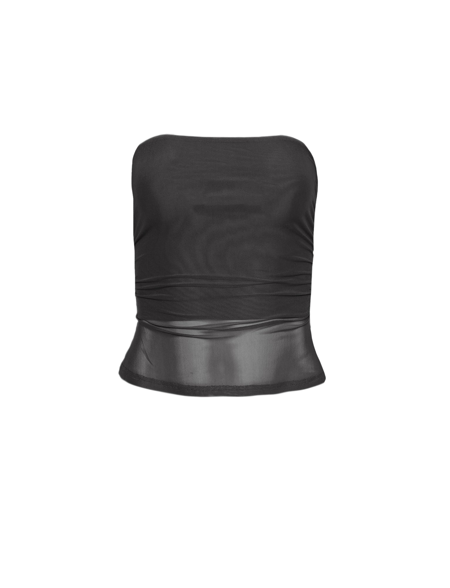 An image of the HARRIETT Tube Top in black by TIGERMIST showcases its chic elegance. This strapless piece features a slightly flared hem and is crafted from smooth, stretchy fabric characteristic of the brand's design aesthetic.