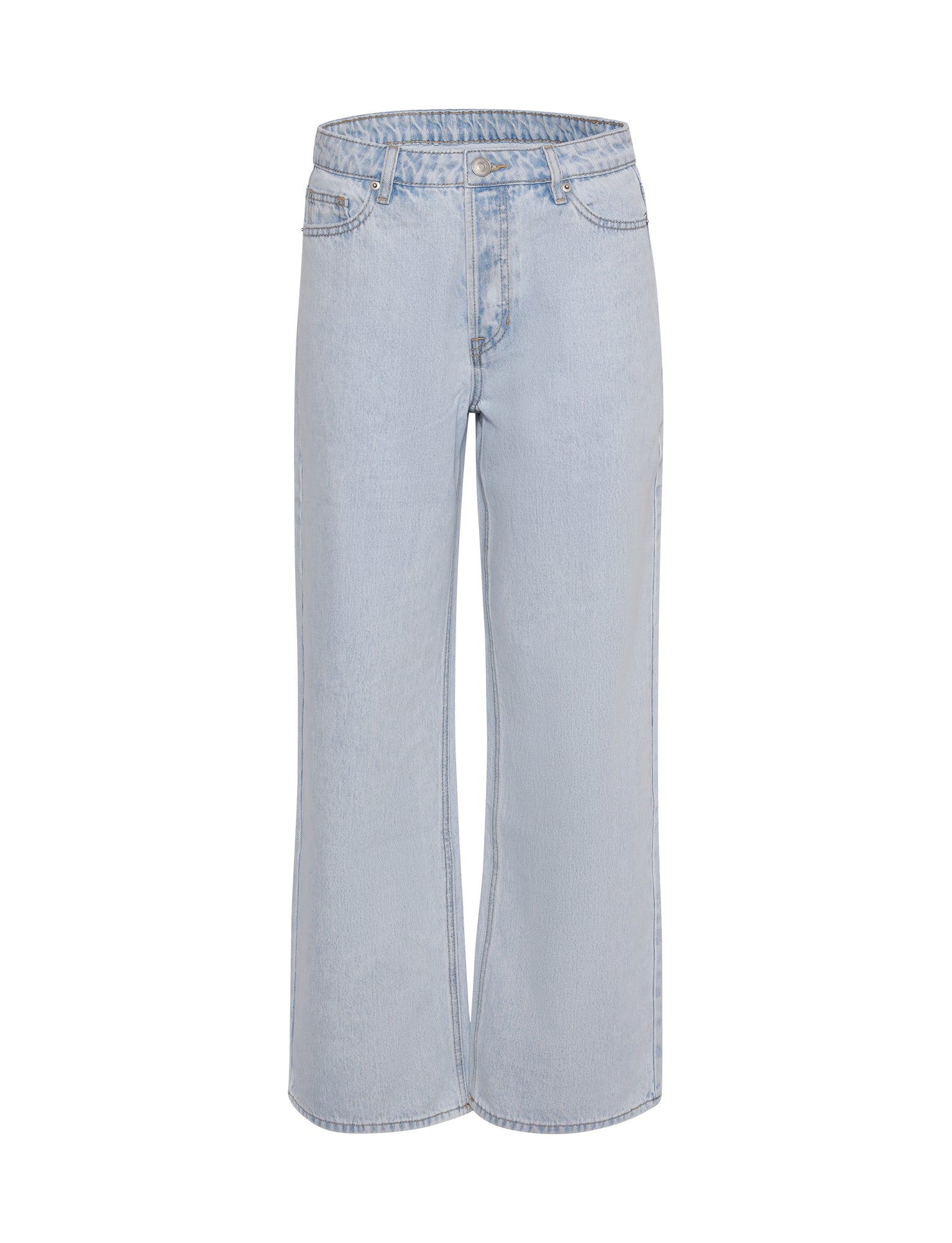 The FELIX JEAN - BLUE : LIGHT DENIM from TIGERMIST is displayed against a white background. These light blue denim jeans feature a relaxed fit with a high waist, five pockets, and a zip fly with button closure. The legs are straight and slightly tapered towards the bottom.