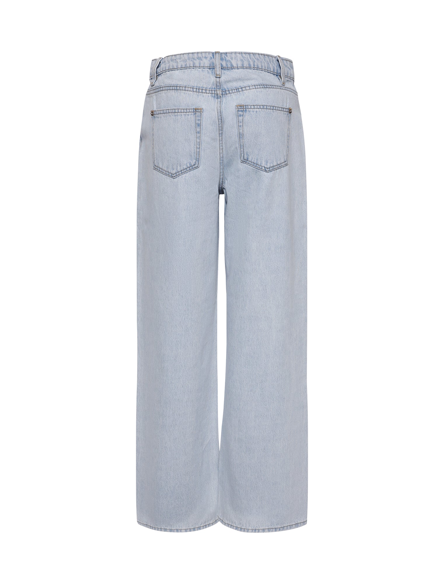 The image shows the back view of the FELIX JEAN - BLUE : LIGHT DENIM by TIGERMIST. These light blue jeans feature a high waist with belt loops and two back pockets. The legs are wide and straight, offering a relaxed fit. The fabric appears to be lightweight and slightly faded.