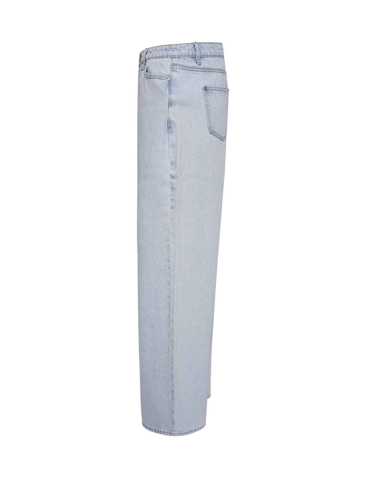 Side view of the FELIX JEAN - BLUE : LIGHT DENIM from TIGERMIST. These light blue denim jeans have a straight-leg cut, featuring rear pockets, belt loops, and a visible seam running along the side.