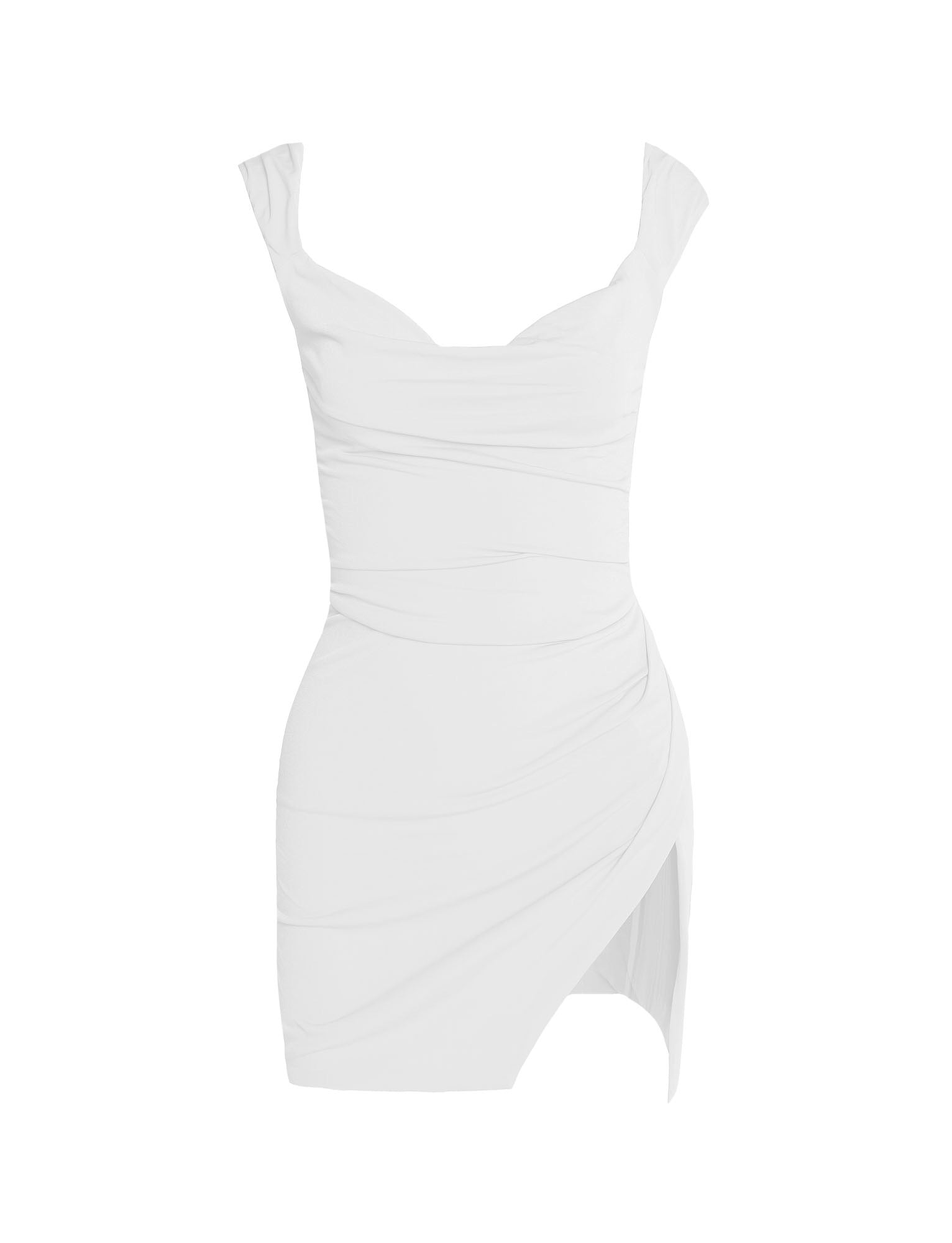 The JOSLIN DRESS - WHITE from TIGERMIST is a white, sleeveless, bodycon dress featuring ruched details. It showcases a sweetheart neckline and an asymmetrical hemline, with one side of the hem being longer than the other. The slightly gathered fabric creates a draped effect.
