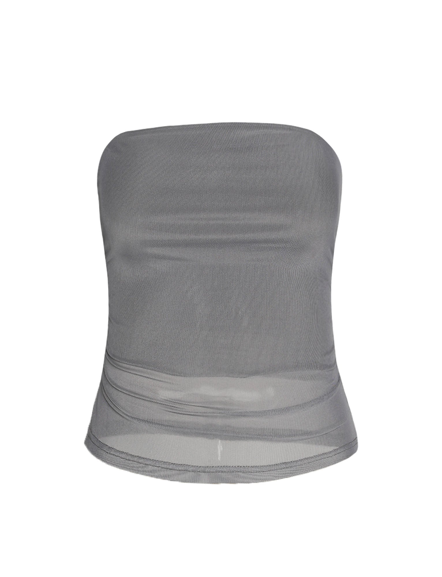 The HARRIETT TUBE TOP - GREY from TIGERMIST is showcased against a plain white background. This strapless top features a simple design that highlights its lightweight, sheer fabric.