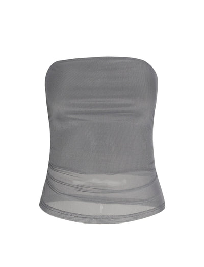 The HARRIETT TUBE TOP - GREY from TIGERMIST is showcased against a plain white background. This strapless top features a simple design that highlights its lightweight, sheer fabric.