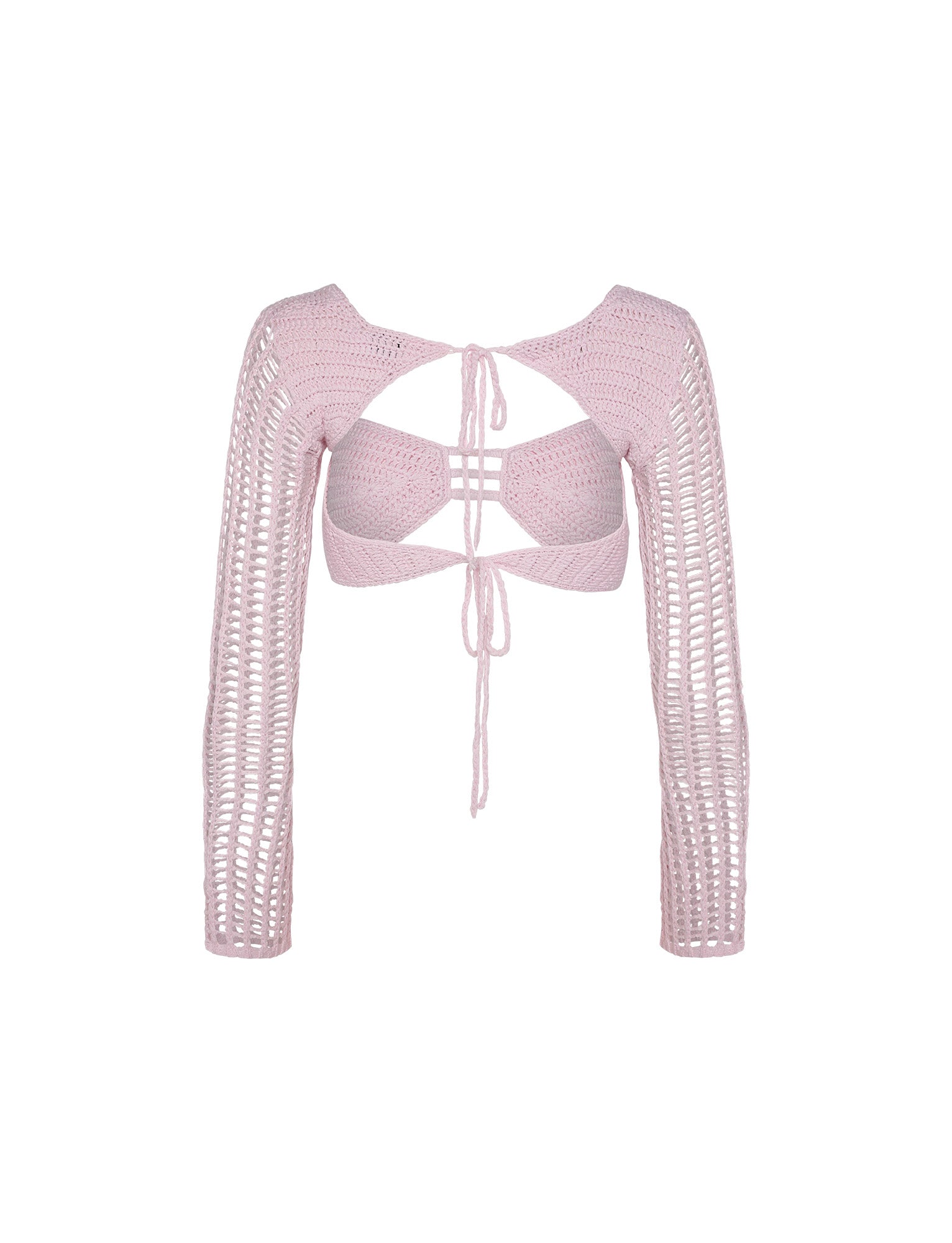 The TIGERMIST MACAULEY TOP in Baby Pink is a crochet long-sleeve bralette featuring an open back with multiple tie closures and net-like patterns on the sleeves and back. Its intricate knit design adds a stylish and airy look.