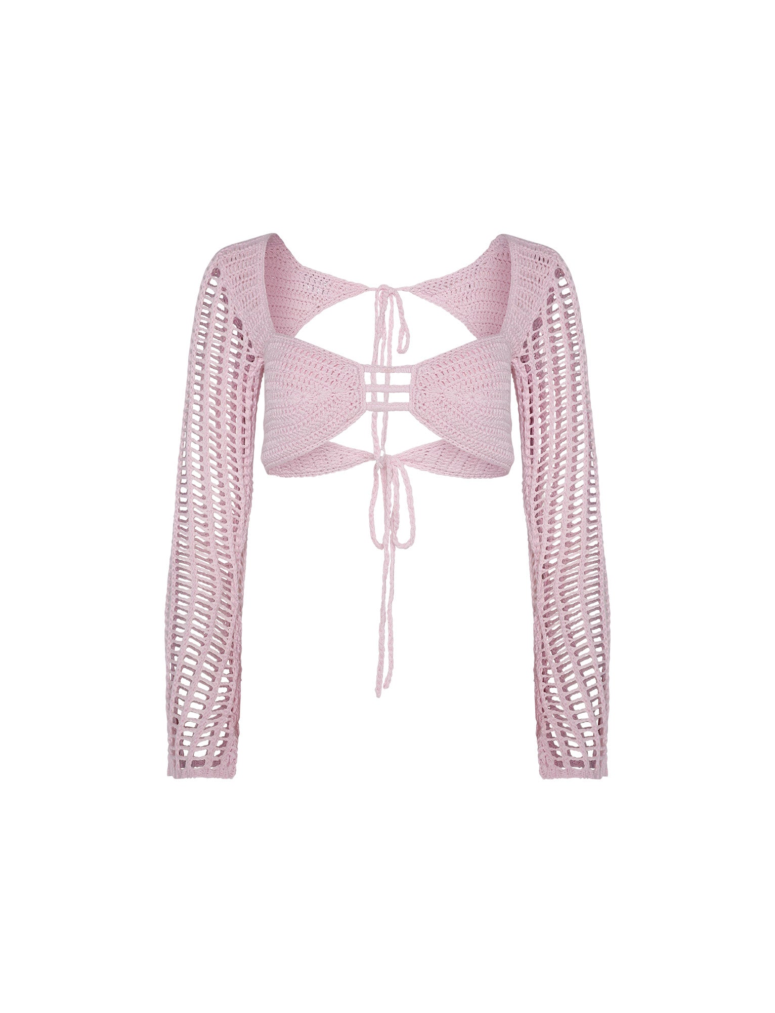 The MACAULEY TOP in Baby Pink from TIGERMIST is a cropped, long-sleeve crochet top featuring intricate open-weave patterns and multiple straps. This stylish piece boasts a tie-front design and a unique geometric back detail, creating a delicate and airy look.