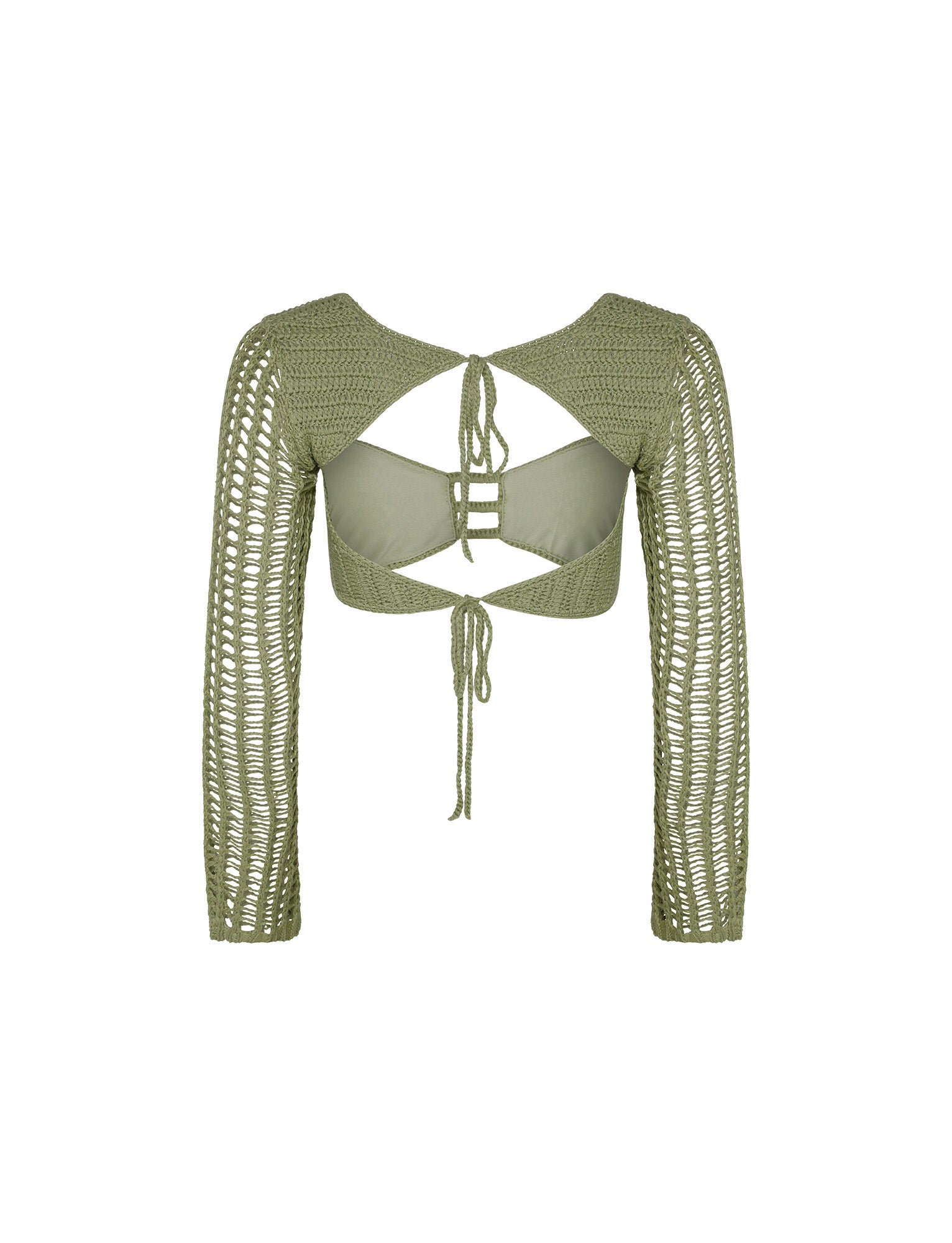 A back view of the Macauley Top - Green from Tiger Mist in a pastel green shade. This crocheted crop top features long, open-knit sleeves and a tie closure at the back. Additionally, it showcases an intricate crisscross pattern and cutout design for a stylishly detailed look.