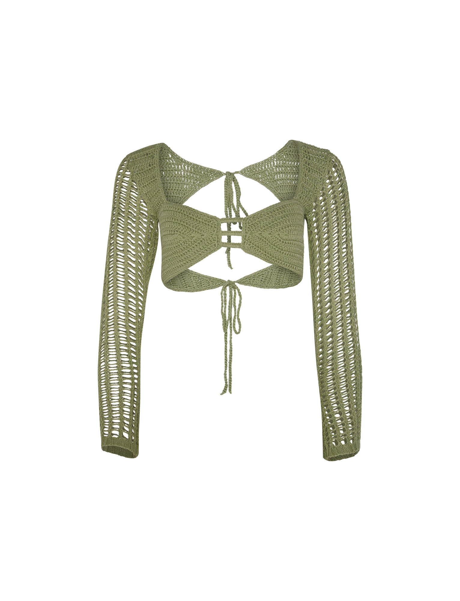 The MACAULEY TOP in pastel green from TIGERMIST is a green, long-sleeved crochet top that features an open back design with tie closures at both the back and front. This top showcases intricate stitching with a lattice pattern on the chest and has a cropped fit that falls just below the bust.