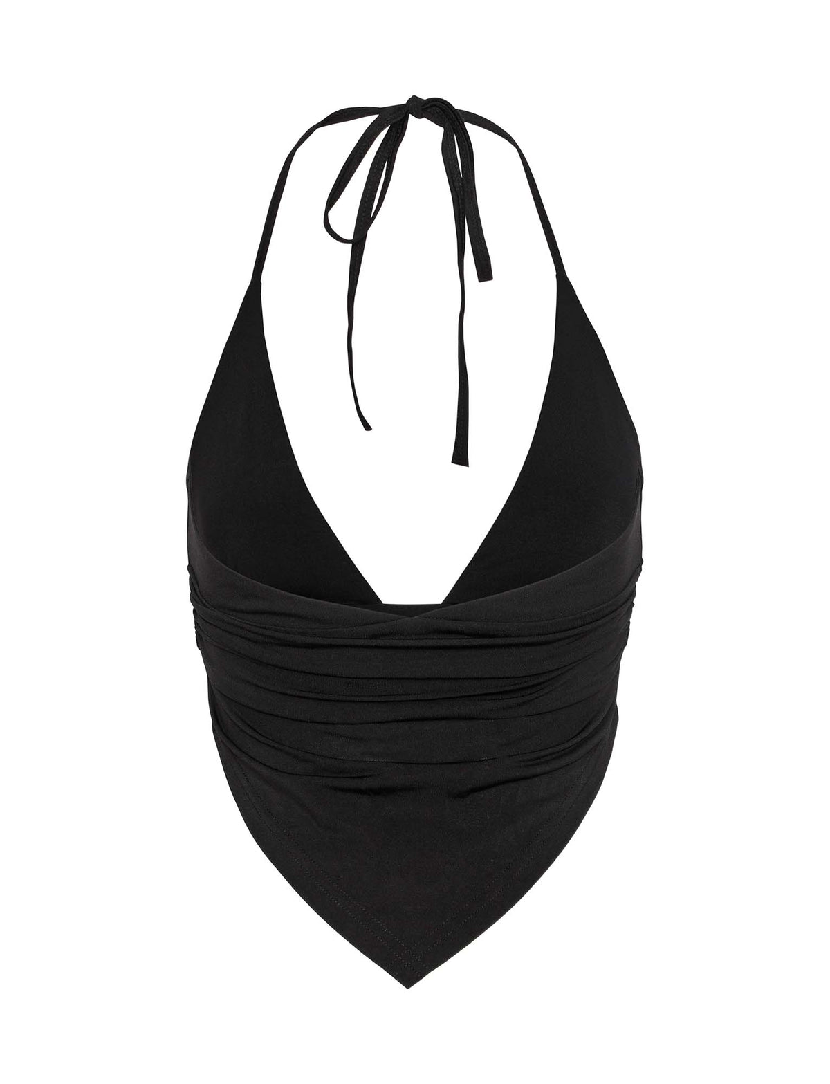 The FAYE TOP - BLACK from TIGERMIST is a black halter top featuring a deep V neckline and front ruching. It also includes adjustable ties at the neck, ensuring a sleek and stylish look.