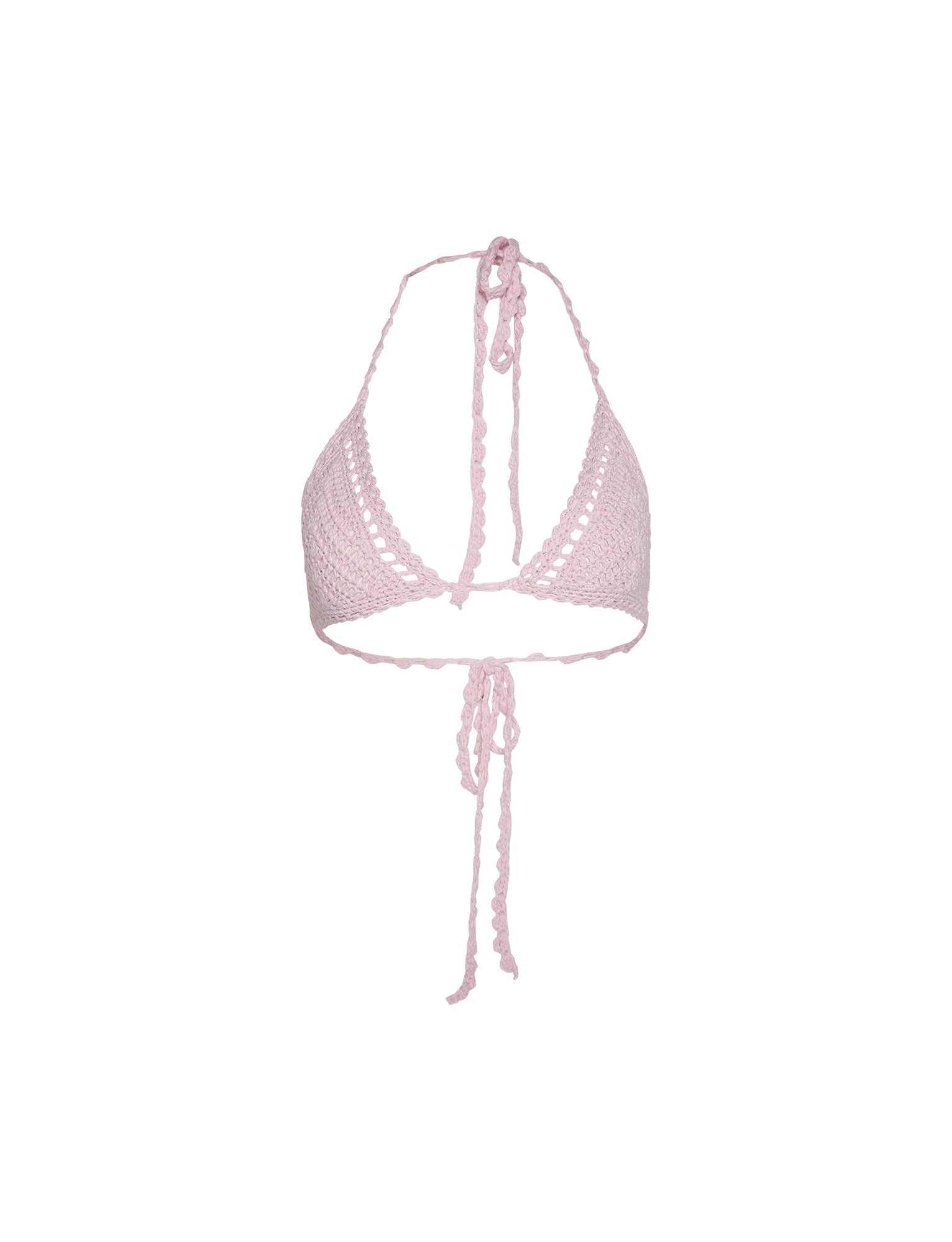 The TIGERMIST CORA Bikini Top in Baby Pink boasts triangle cups, a halter neck with tie closure, scalloped edges, and a back tie closure. Featuring a detailed, woven appearance, this crochet bikini top is perfect for your summer wardrobe
