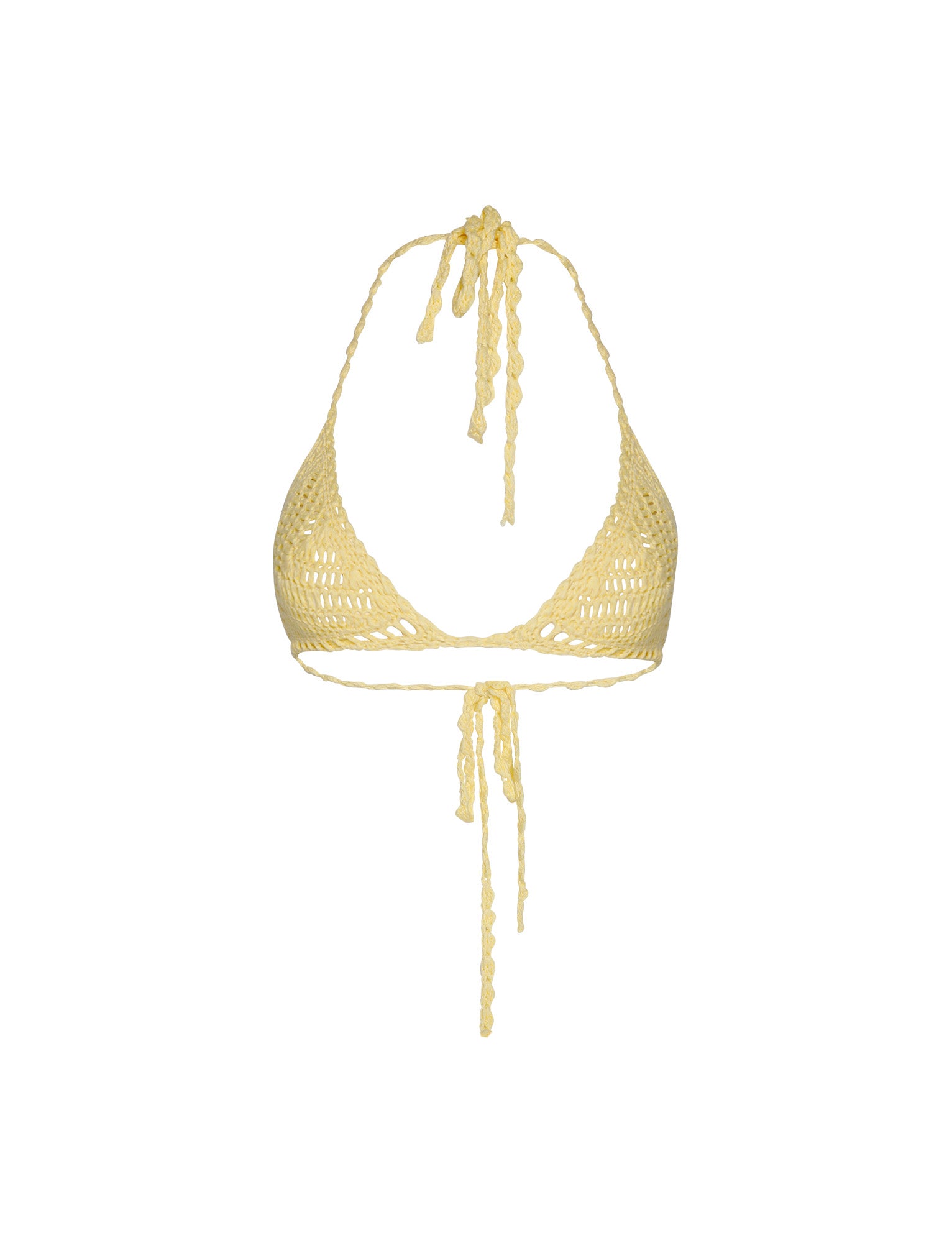 The CORA BIKINI TOP - YELLOW : LEMON by TIGERMIST is a beautifully crocheted yellow bikini top featuring a halter neck and tie closure at the back. This exquisite piece showcases a woven pattern with intricate detailing and string ties, perfectly blending sophistication with playful charm.