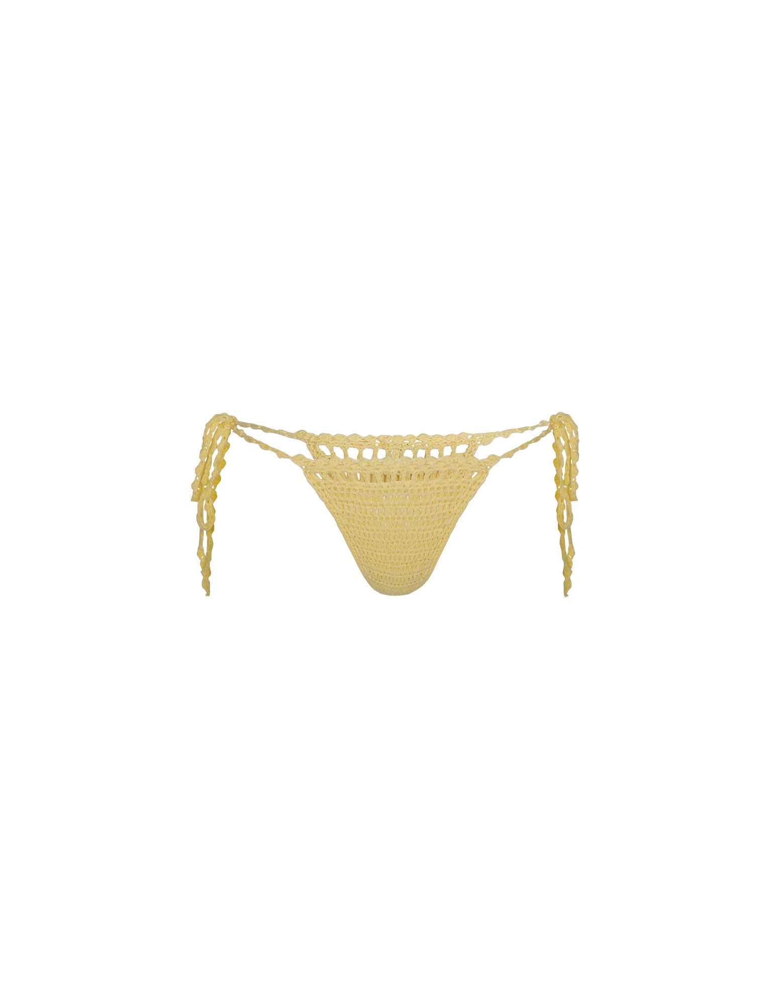A pair of TIGERMIST CORA Bikini Bottoms in Lemon, featuring side ties. The design showcases intricate open-knit crochet work along the waistband and a more tightly knit fabric in the front for coverage.