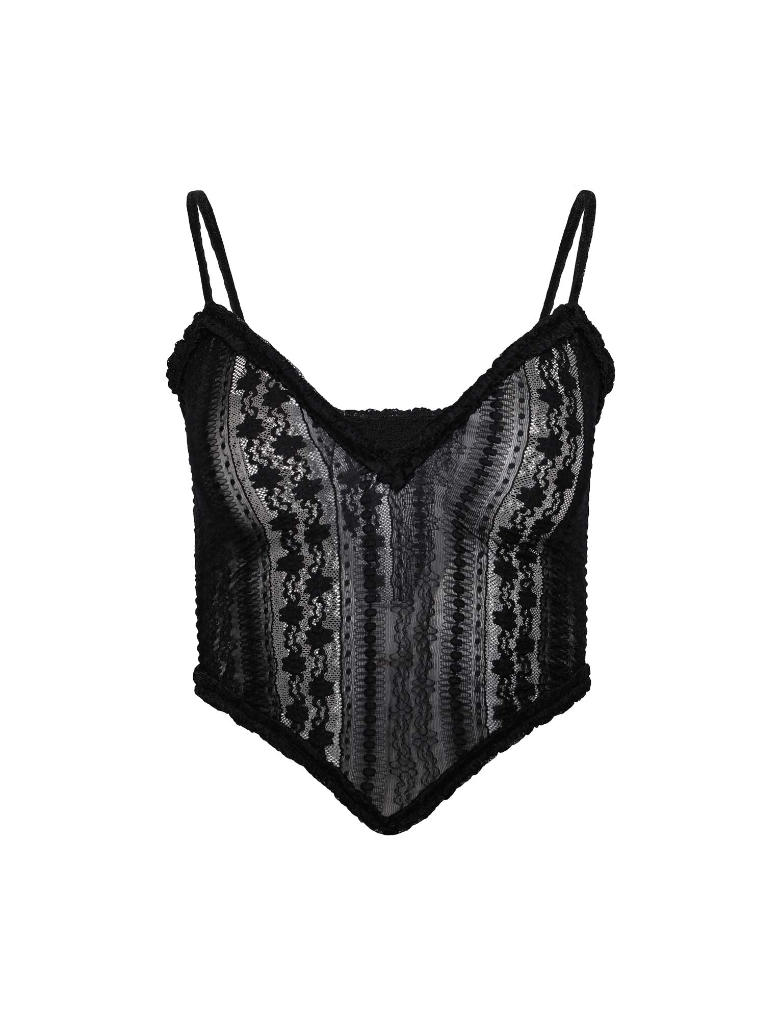 The SOPHA TWO PIECE TOP - BLACK by TIGERMIST is a delicate and elegant camisole featuring intricate lace patterns and thin adjustable shoulder straps, complemented by a slightly V-shaped neckline.