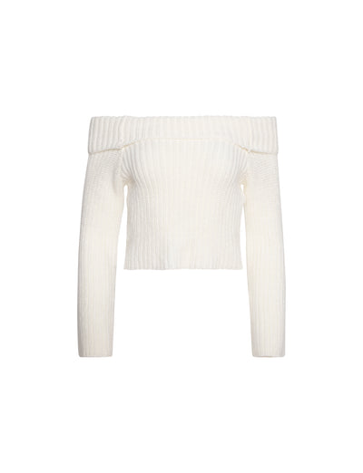 The ASHLYN JUMPER - WHITE from TIGERMIST is a white, off-the-shoulder knit sweater with a ribbed texture. It features long sleeves and a slightly cropped length, along with a thick, folded-over neckline that creates the off-the-shoulder design. The fabric appears soft and cozy.