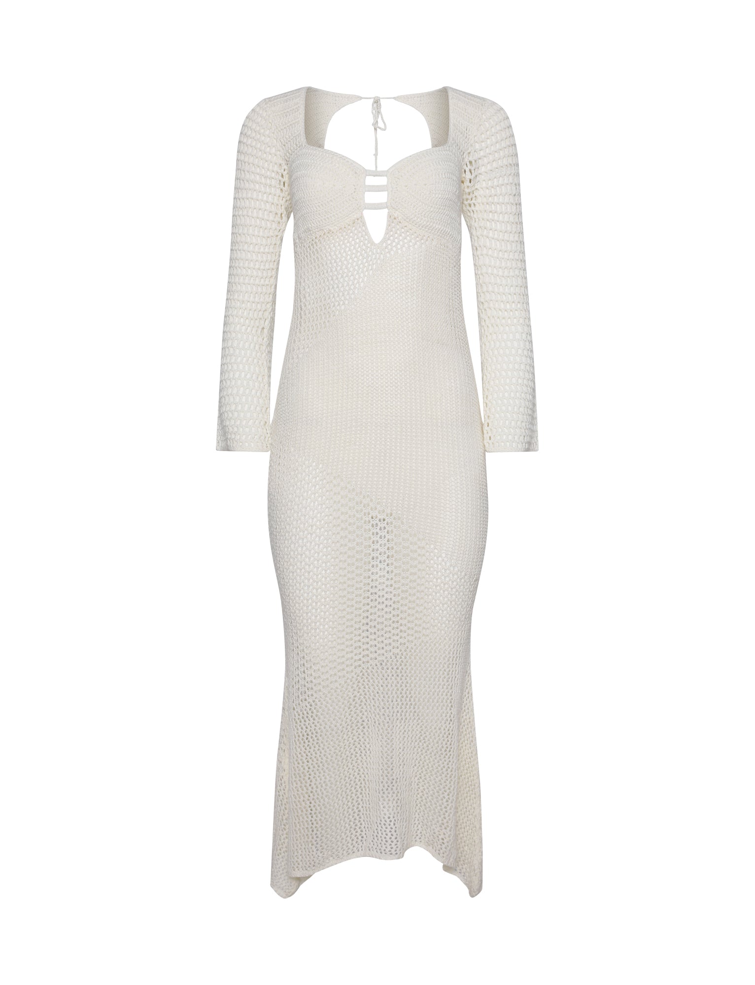 The MACAULEY DRESS - WHITE : CREAM by TIGERMIST is a white, long-sleeved, ankle-length knit dress with a form-fitting silhouette. It features a cut-out design at the neckline with two horizontal straps and a tie-up detail at the back of the neck. The semi-sheer material showcases an intricate geometric pattern.