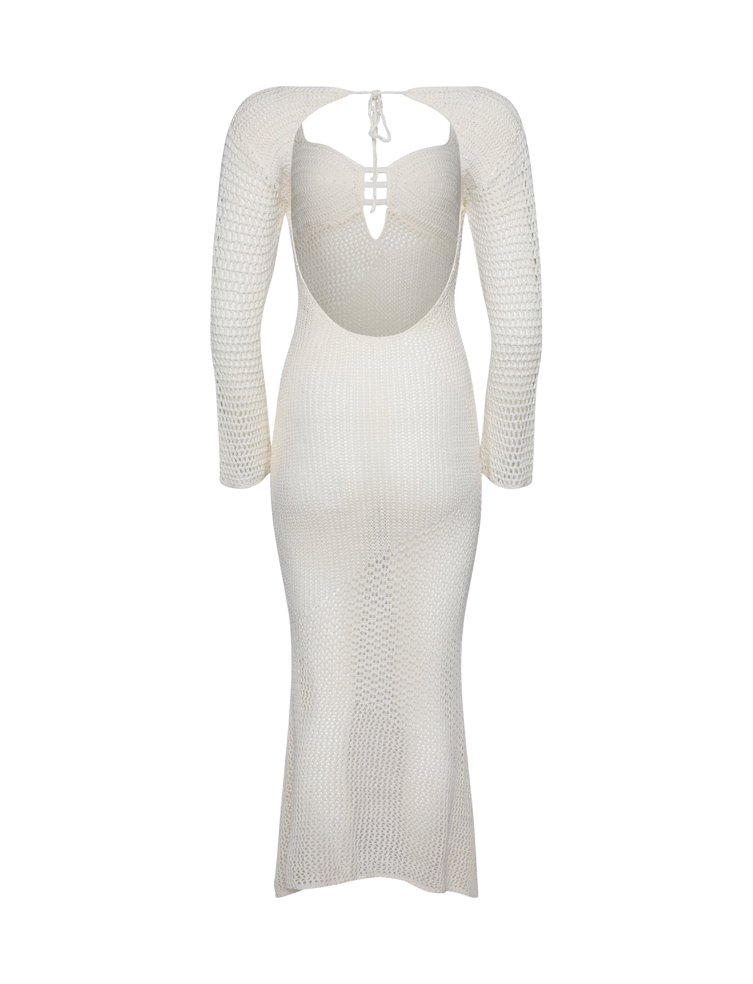 The MACAULEY DRESS - WHITE : CREAM from TIGERMIST showcases a form-fitting silhouette and features a distinctive open back design with a tie closure. A cut-out detail near the shoulder blades adds flair, complemented by its soft A-line shape that ends in a mid-calf length hem.