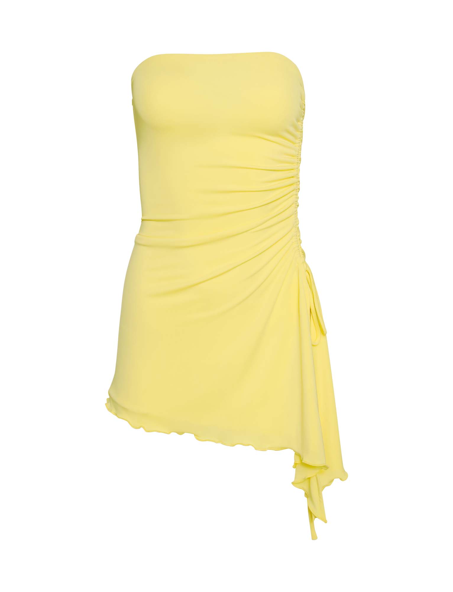 A TIGERMIST XENIA DRESS in lemon yellow featuring a strapless design with a fitted bodice and ruched details on one side, creating an asymmetrical drape that cascades down the hip. The hemline has a wavy finish.