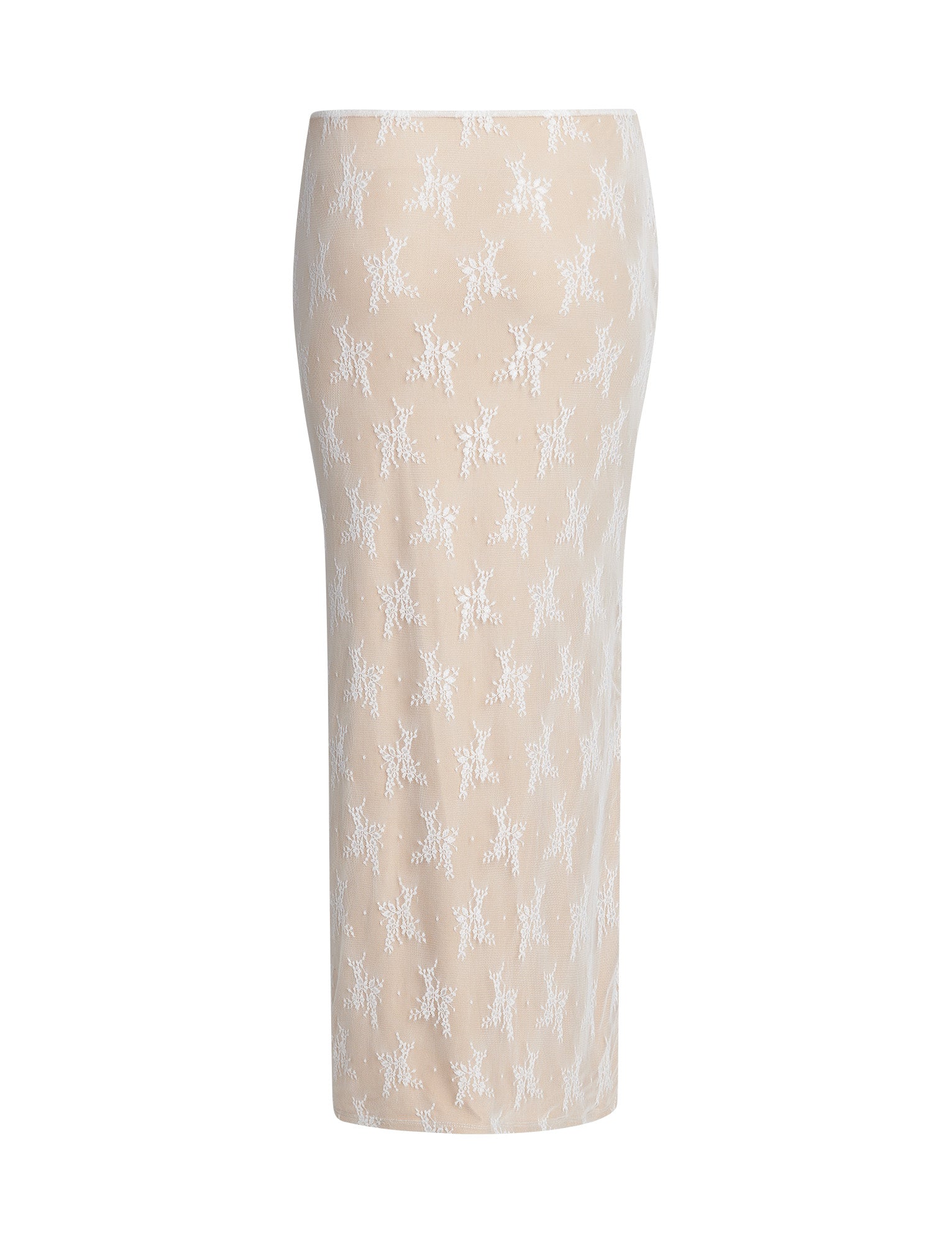 The KAROLINA SKIRT - WHITE from TIGERMIST is a beige midi skirt showcasing a straight silhouette and an intricate white floral lace overlay pattern. This skirt features a clean, seamless waistline, fits snugly through the hips, and falls to a modest length just below the knees.