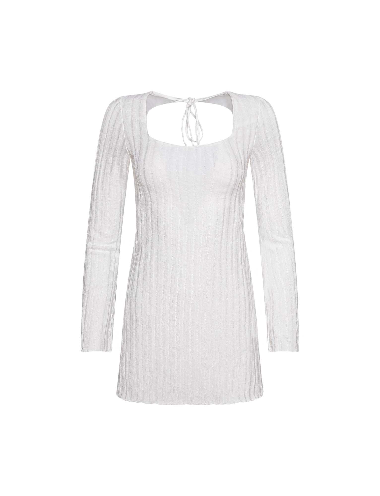 The BRENDEN DRESS - NEUTRAL from TIGERMIST is a light-colored, ribbed-knit mini dress featuring long sleeves and a rectangular cut-out at the neckline. It includes a tie detail at the top center of the cut-out and boasts a slim fit design.