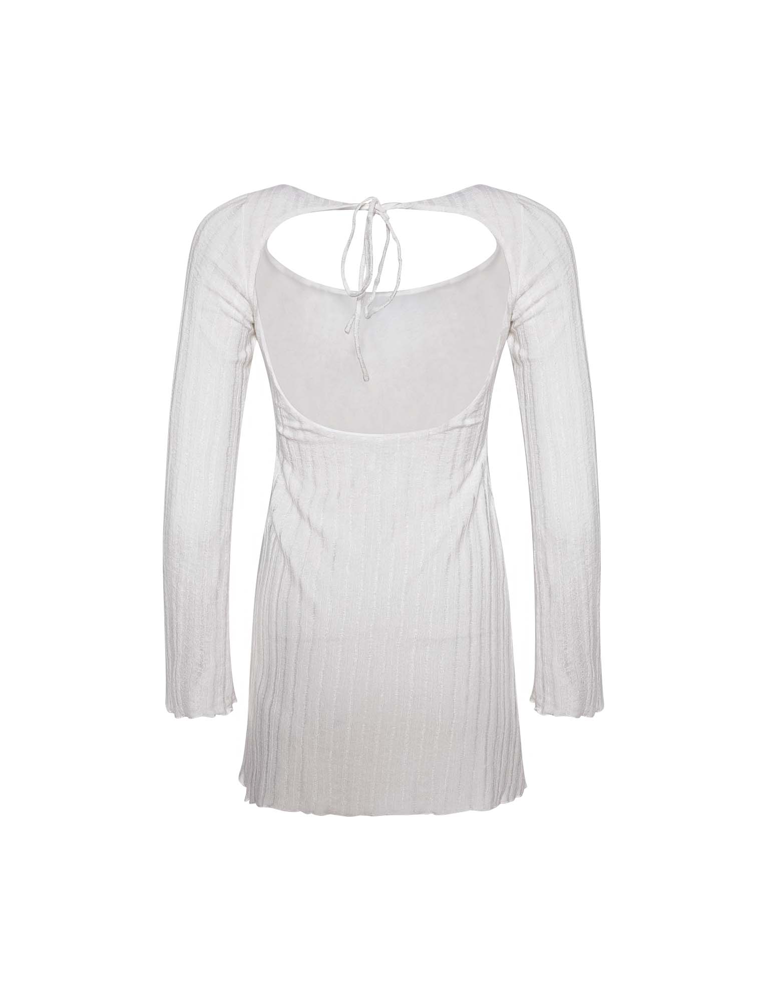 Introducing the BRENDEN DRESS - NEUTRAL from TIGERMIST: This long-sleeved dress features a ribbed texture, an off-white hue, an open back design, and a tie closure at the neck. Designed with a fitted silhouette and a slightly flared hem, it's perfect for any stylish occasion.