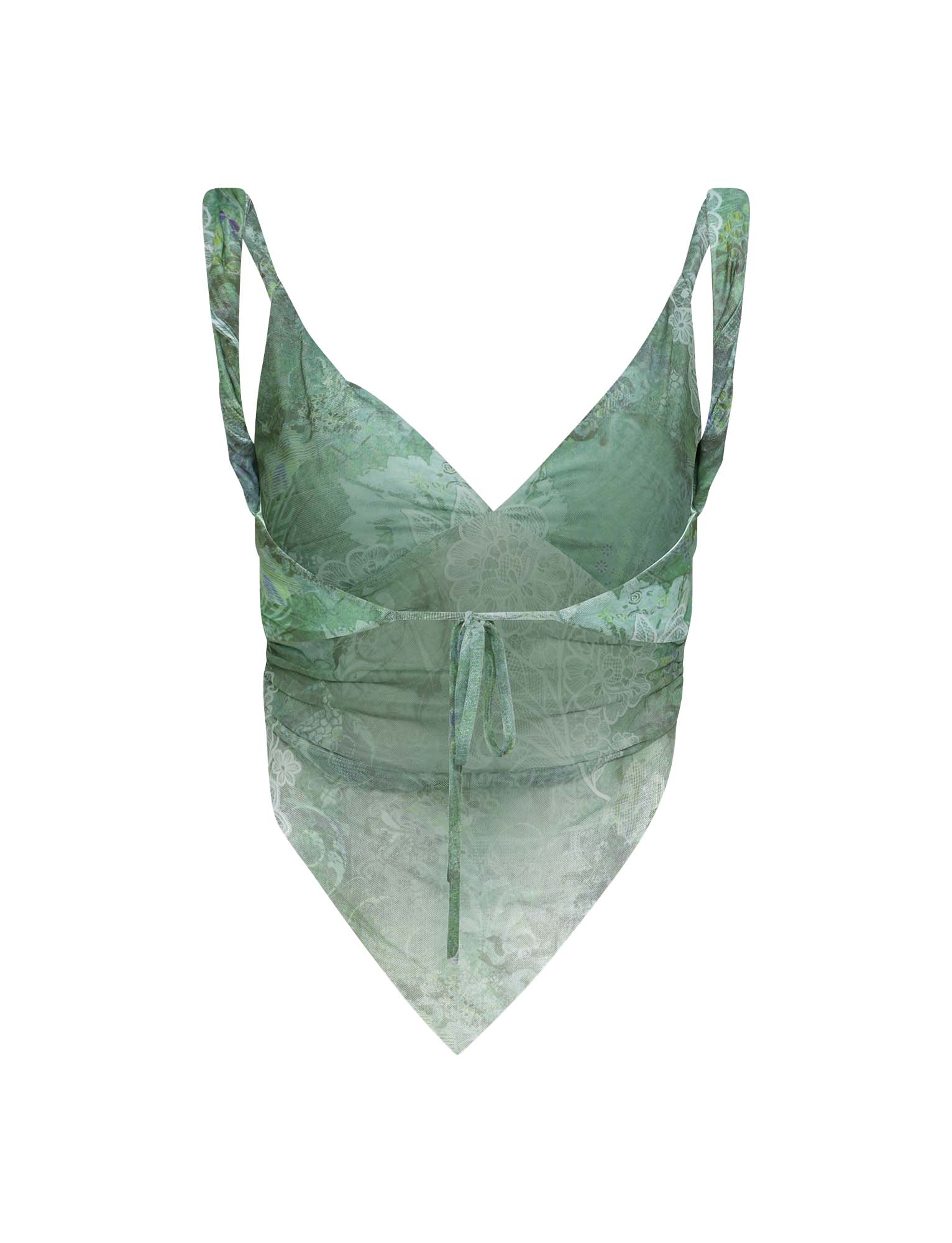 Introducing the THEO TOP - GREEN from TIGERMIST: a sleeveless crop top featuring a bodycon fit and an adjustable front tie. The subtle, intricate paisley print fabric complements its pointed hem, offering an elegant touch to the design.
