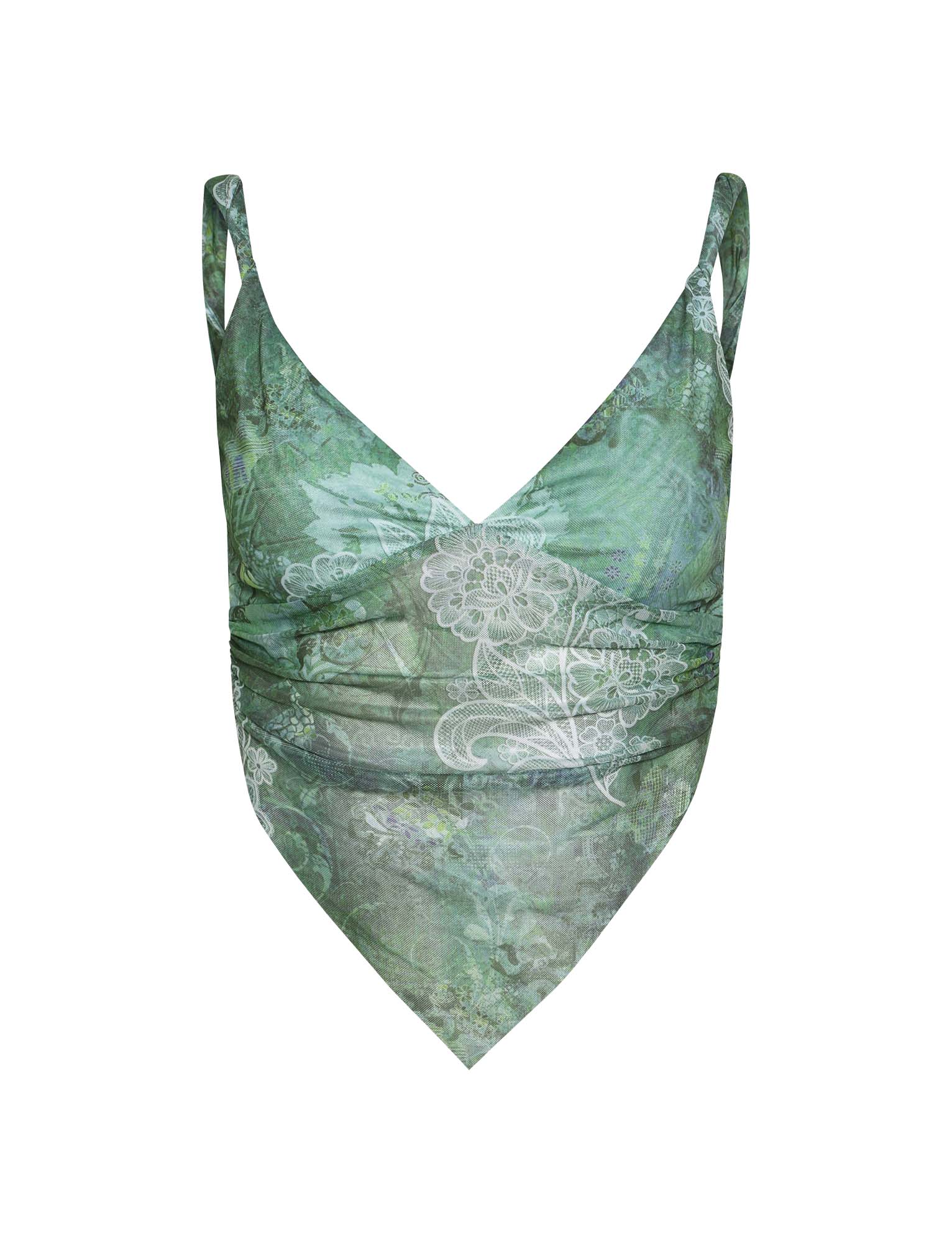 Introducing the THEO TOP - GREEN : FLORAL by TIGERMIST, an asymmetrical sleeveless design featuring a vibrant floral pattern. The top showcases a draped, pointed front with twisted shoulder straps and a fitted cut, offering a unique elegance.