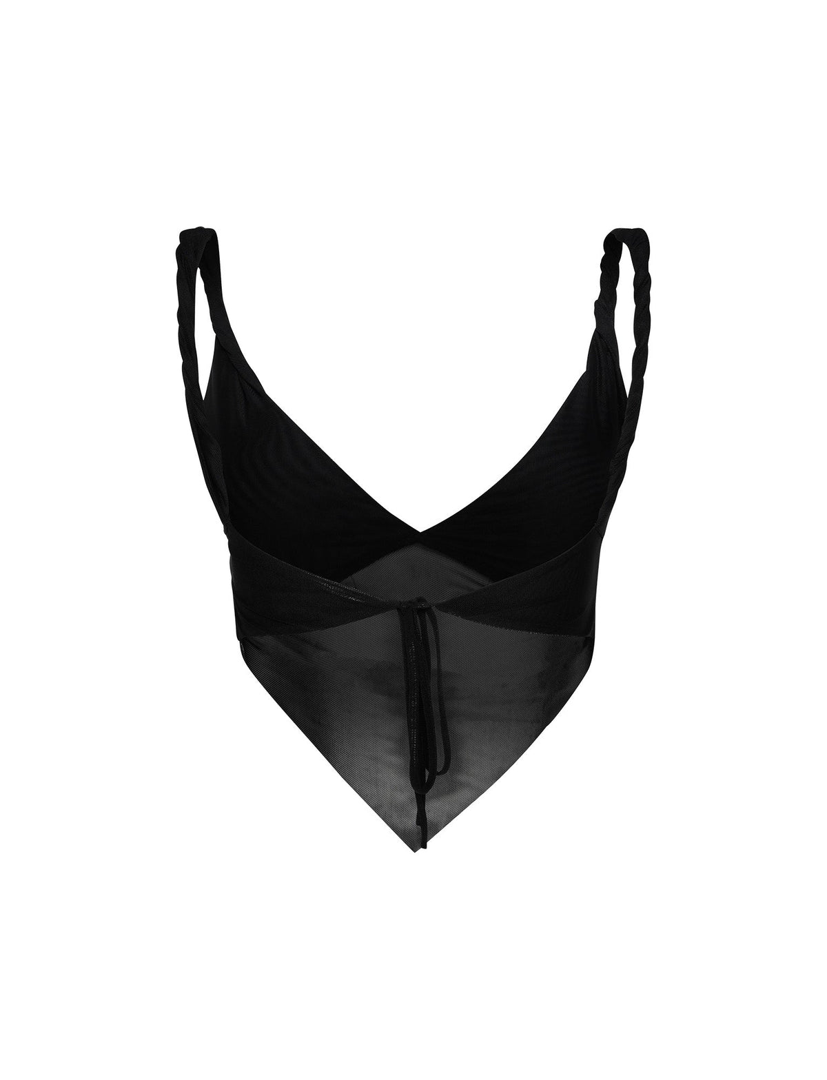 The THEO TOP - BLACK from TIGERMIST is a chic, black sleeveless crop top featuring a v-neck and a sheer, triangular front design with tie details in the middle. Its twisted shoulder straps add texture to the minimalist style. The product is set against a plain white background.