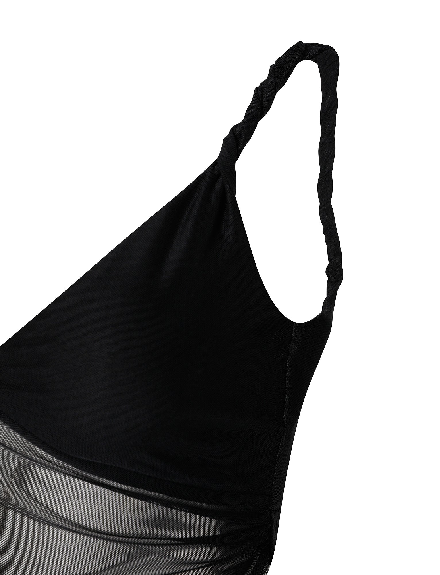 Close-up of the TIGERMIST THEO TOP in black, featuring a twisted strap design. The fabric is a blend of opaque and mesh materials, with the mesh detail visible near the bottom of the image. The texture of the garment appears smooth and stretchy.
