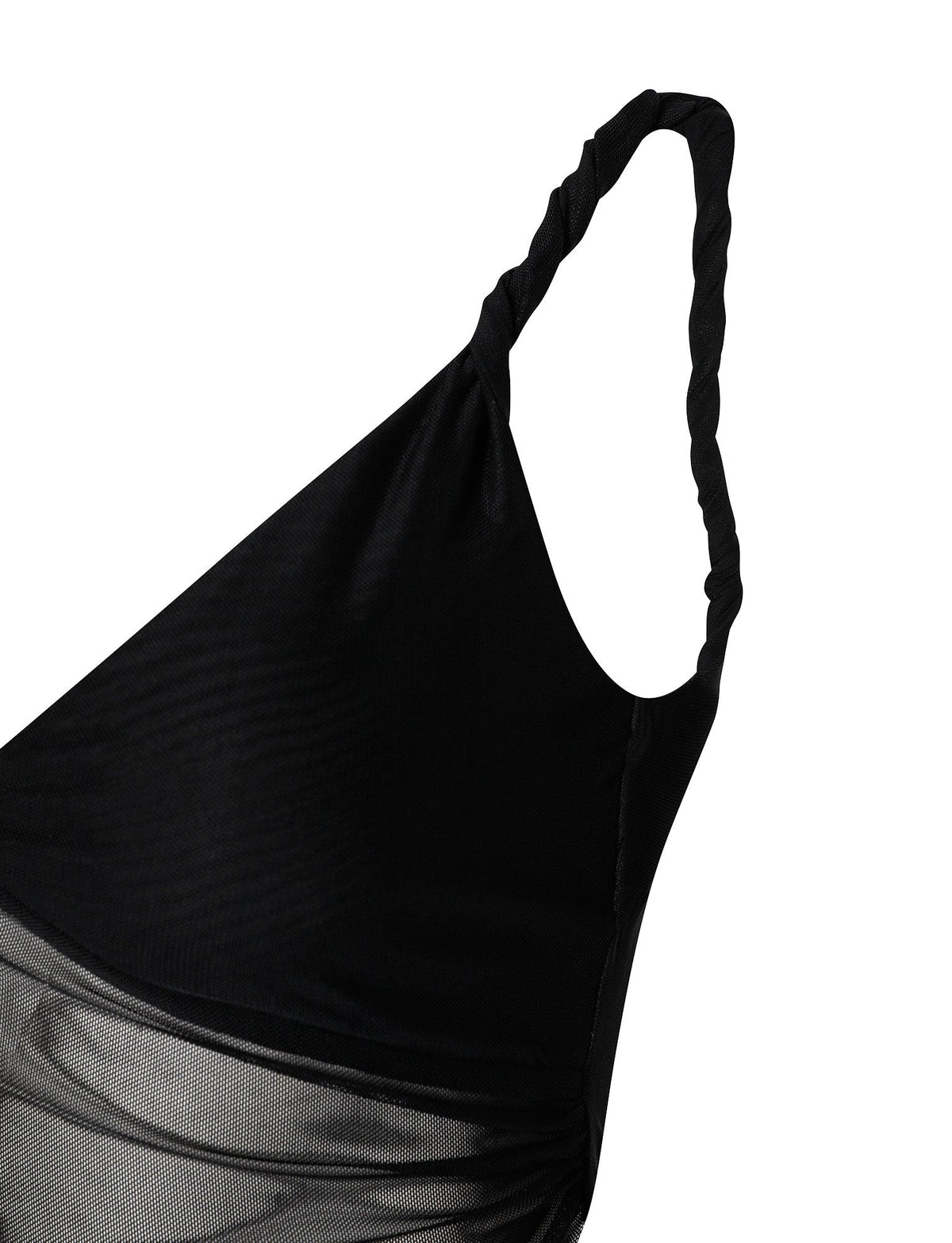 Close-up of the TIGERMIST THEO TOP in black, featuring a twisted strap design. The fabric is a blend of opaque and mesh materials, with the mesh detail visible near the bottom of the image. The texture of the garment appears smooth and stretchy.