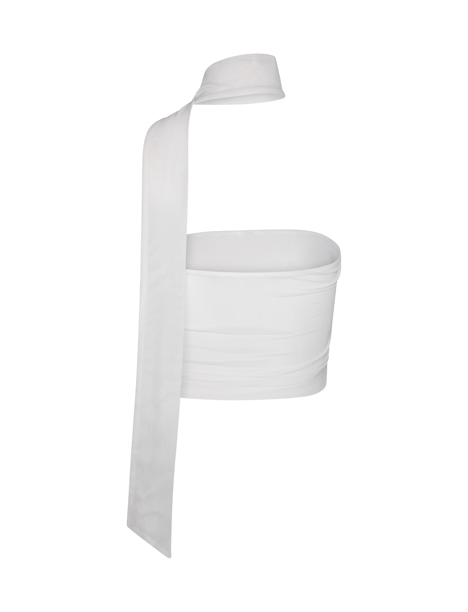 The CHRYSLER TOP - WHITE from TIGERMIST features a one-shoulder bandeau style with a long, wide strap that wraps around the neck, creating an asymmetrical design. The fabric appears smooth and stretchy, blending elegance with a modern twist.