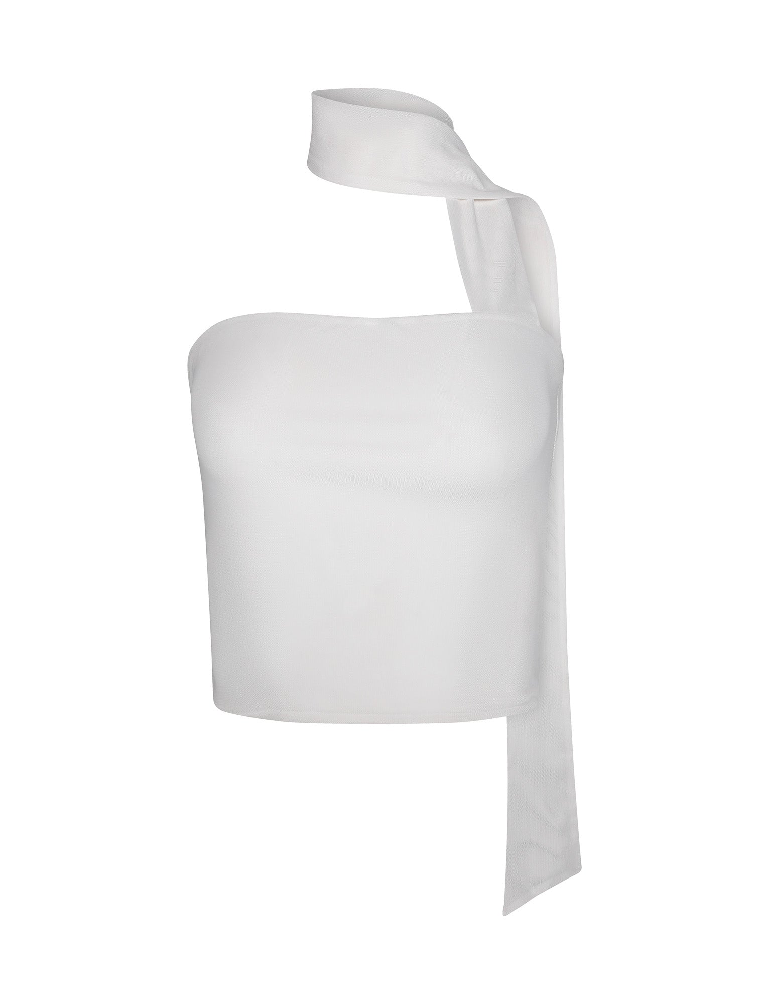 The CHRYSLER TOP - WHITE by TIGERMIST is a chic one-shoulder crop top that showcases a wide, draped strap wrapping around the neck for a fashionable asymmetrical design. This sleek and fitted top is crafted from smooth fabric.