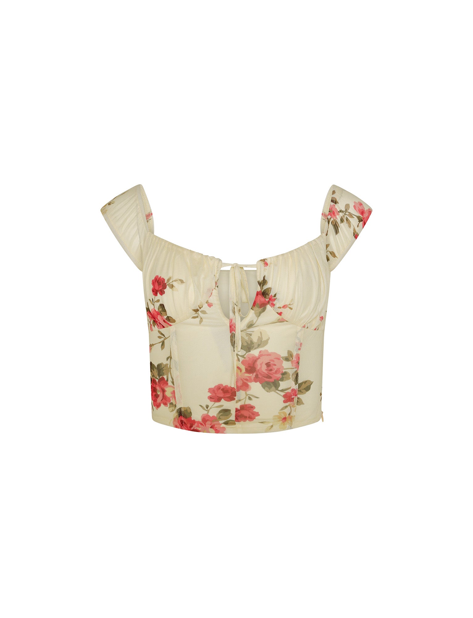 A yellow floral cropped top from TIGERMIST with pink and green rose patterns. The FEYRA TOP features short sleeves, a sweetheart neckline with a small tie in the center, and a fitted bodice.
