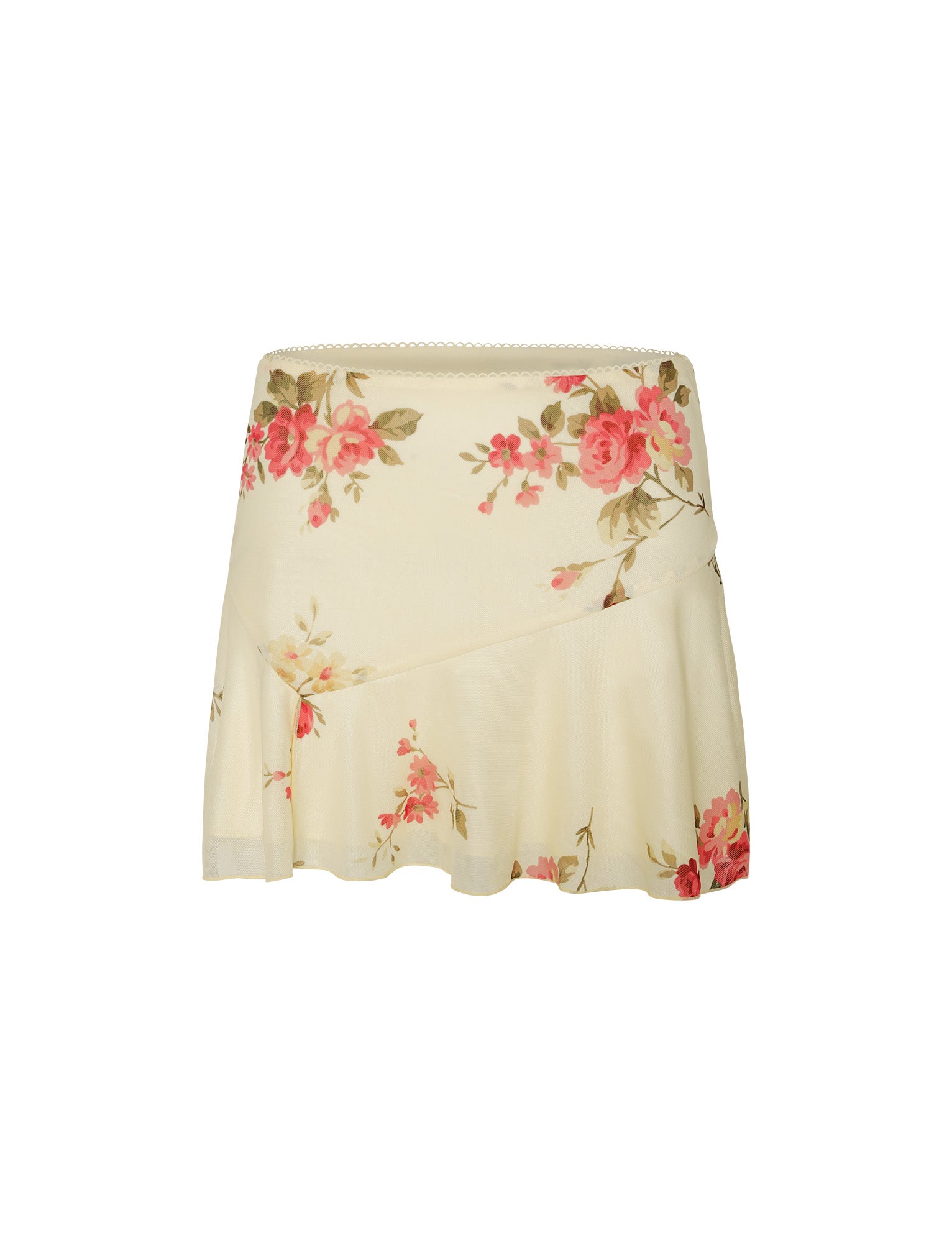The FEYRA SKIRT by TIGERMIST in yellow with a pop floral macro pattern features pink and red roses scattered throughout, accompanied by an asymmetric hem and ruffled detail on one side.