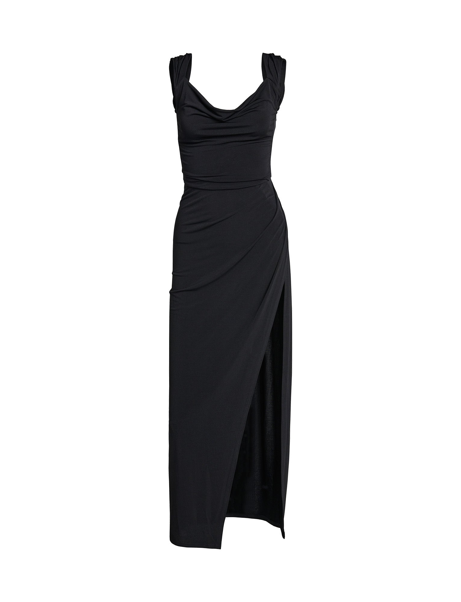 The JOSLIN MAXI DRESS by TIGERMIST is a black sleeveless evening gown featuring a draped neckline and ruched detailing on the sides. This sophisticated dress showcases a fitted silhouette with an asymmetrical hemline, creating a high slit on one side. The soft, flowing fabric makes it the perfect choice for an elegant night out.