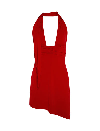 A sleeveless, backless LUNA DRESS - RED : FIRE ENGINE RED from TIGERMIST with a fitted bodice and an asymmetric hemline. This dress features a deep V-neck and a tie detail at the back of the neck.