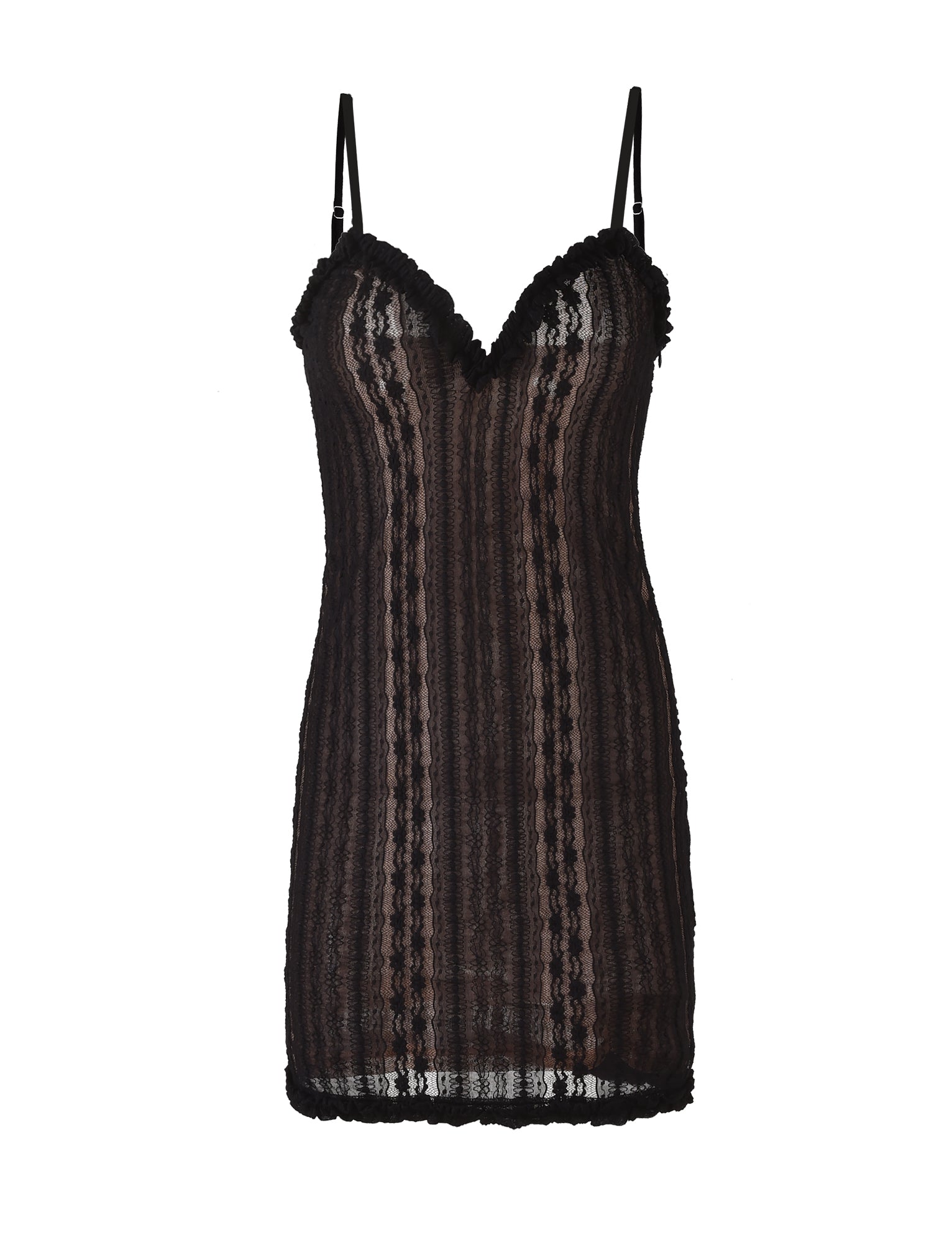 The SOPHA TWO PIECE DRESS - BLACK from TIGERMIST is a stunning black lace slip dress with delicate thin spaghetti straps. It features a semi-sheer vertical striped pattern, a v-neckline, and intricate lace trim along the edges, offering an elegant and feminine appearance.
