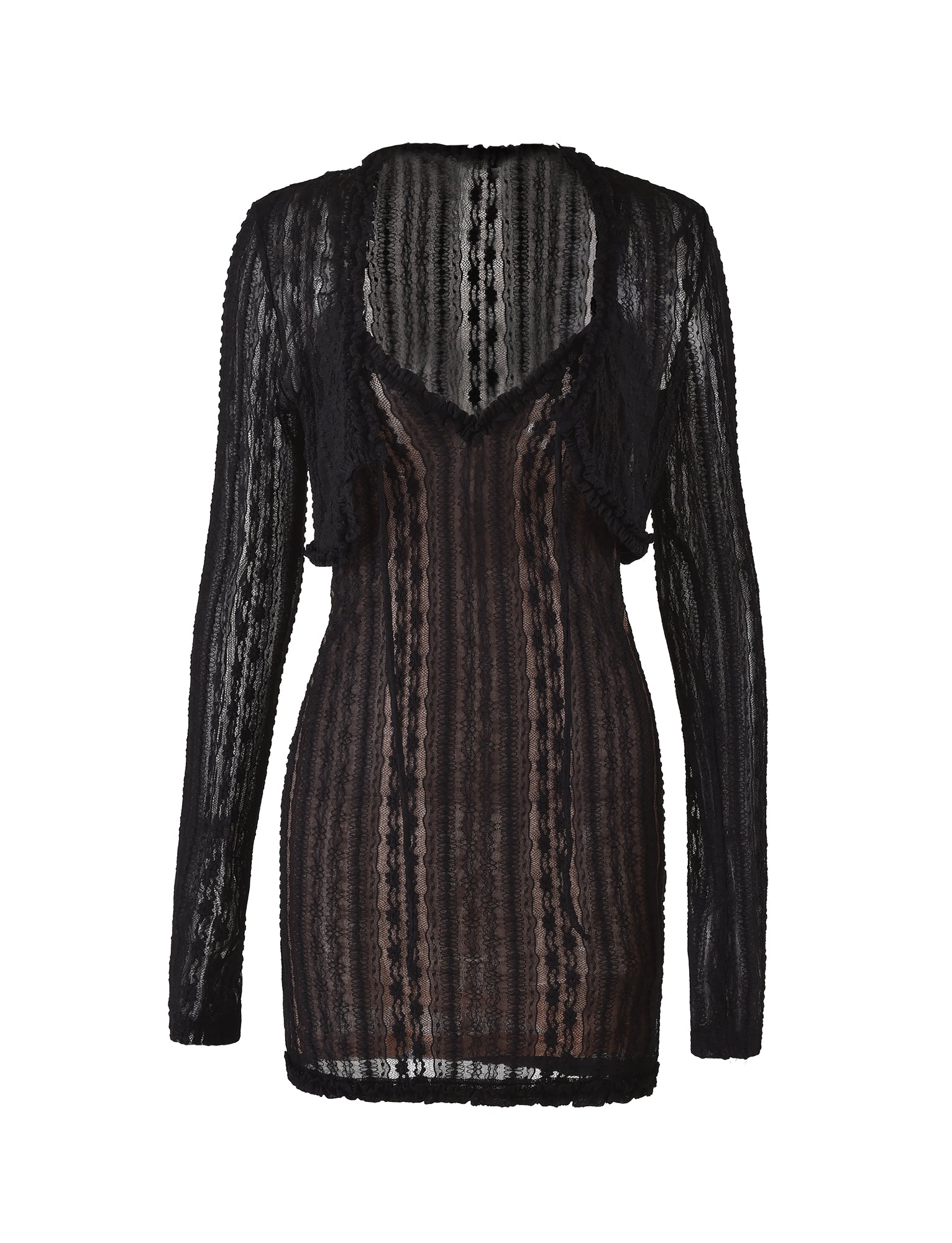 The SOPHA TWO PIECE DRESS in black by TIGERMIST features a deep V neckline and long sleeves. This stunning dress showcases sheer detailing with intricate patterns, making it partially see-through. It boasts a back cutout and a form-fitting silhouette.