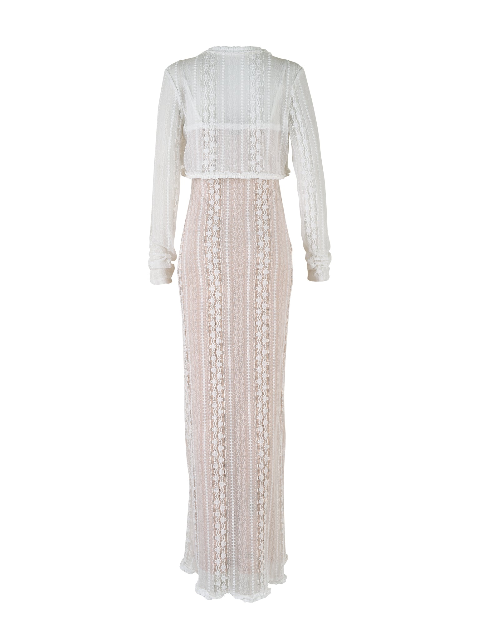 A long-sleeve, sheer white lace dress by TIGERMIST, named the SOPHA TWO PIECE MAXI DRESS - WHITE. This semi-transparent dress showcases an intricate lace pattern, and the back view highlights its detailed design and full-length elegance.