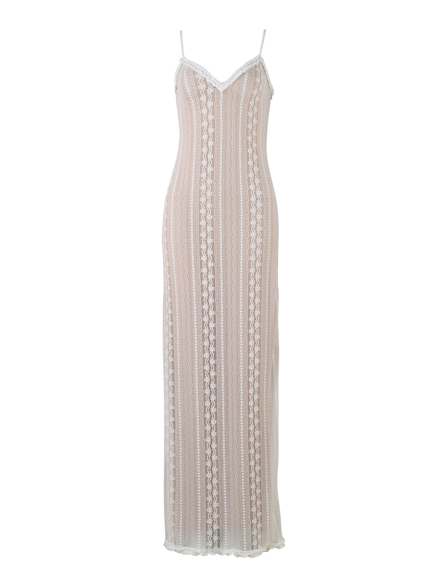 A long, sleeveless white two-piece maxi dress from TIGERMIST featuring delicate vertical lace detailing. The SOPHA TWO PIECE MAXI DRESS includes thin spaghetti straps, a V-neckline, and a form-fitting silhouette that accentuates an elegant and refined design.