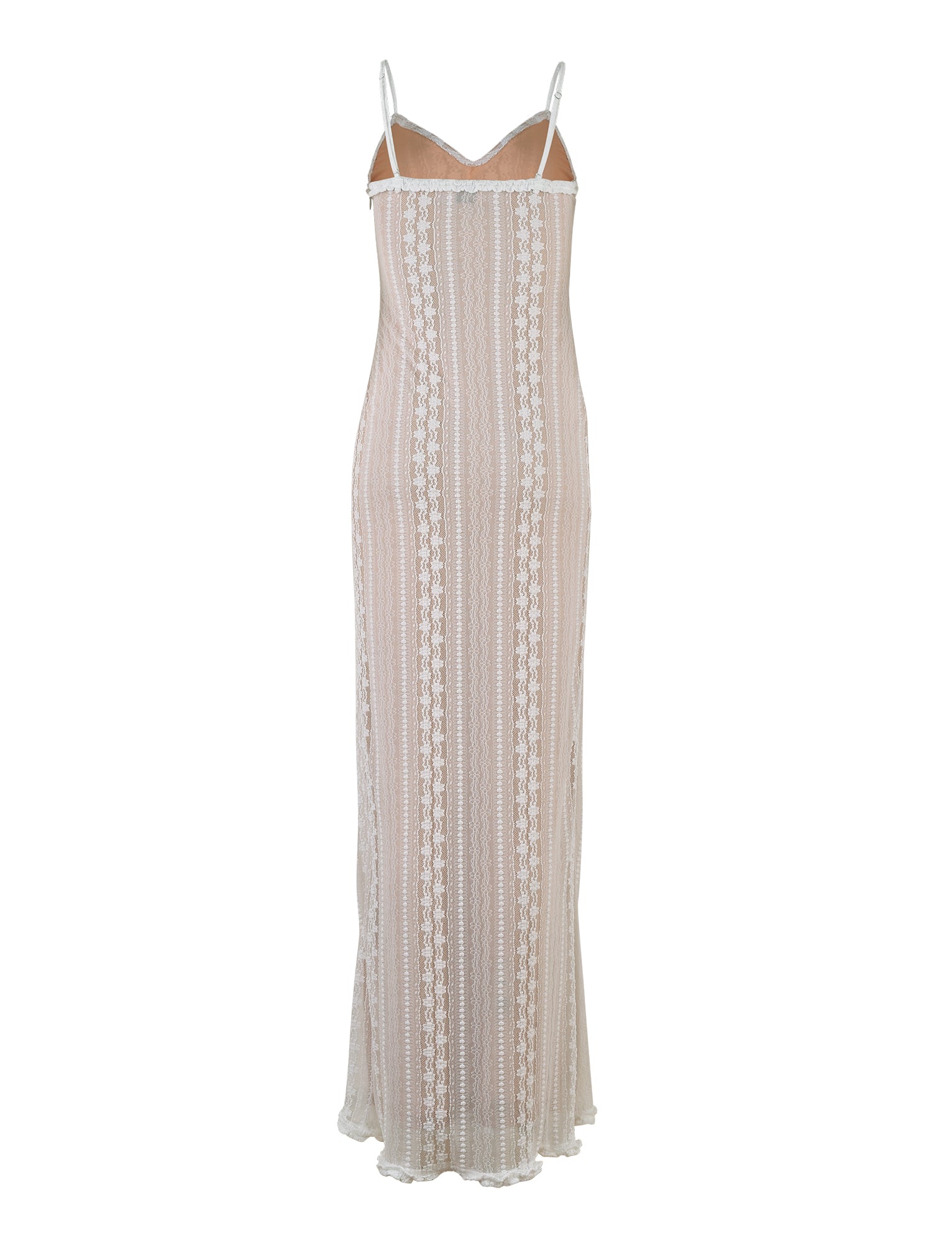 The SOPHA TWO PIECE MAXI DRESS - WHITE by TIGERMIST is a long, sleeveless dress featuring a white slip under a sheer lace overlay. The dress boasts vertical lace patterns and delicate spaghetti straps.
