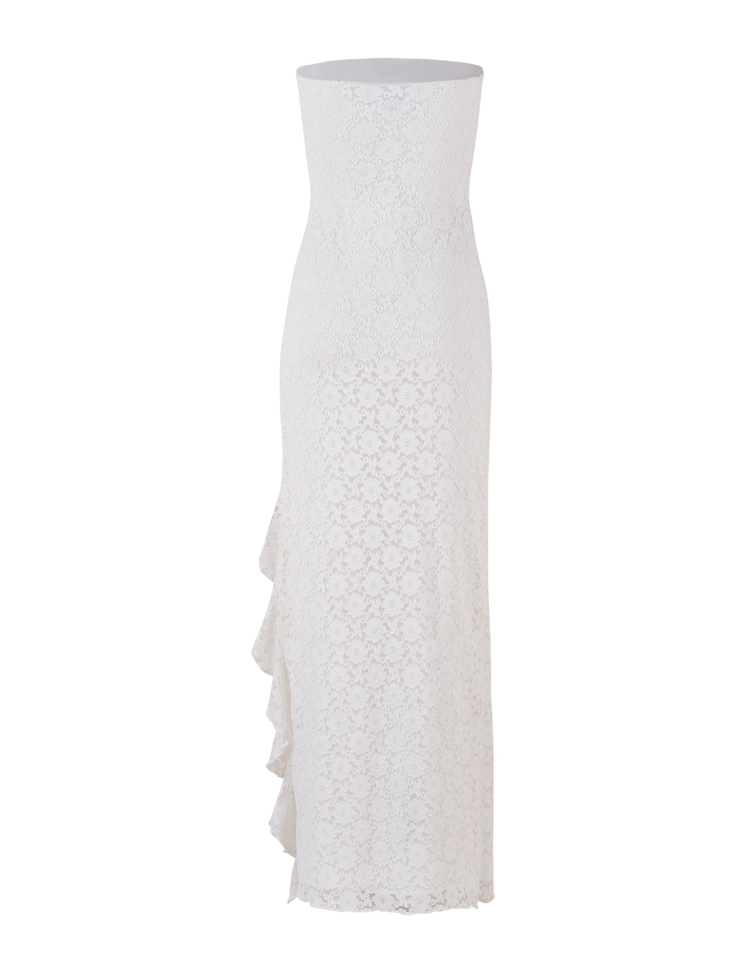 Introducing the THEO LACE MAXI DRESS - WHITE by TIGERMIST, a strapless, floor-length dress that boasts a slim, straight silhouette. This elegant piece features an asymmetrical design with ruffled detailing cascading down one side, while the floral-patterned lace fabric adds a touch of sophistication and delicacy.