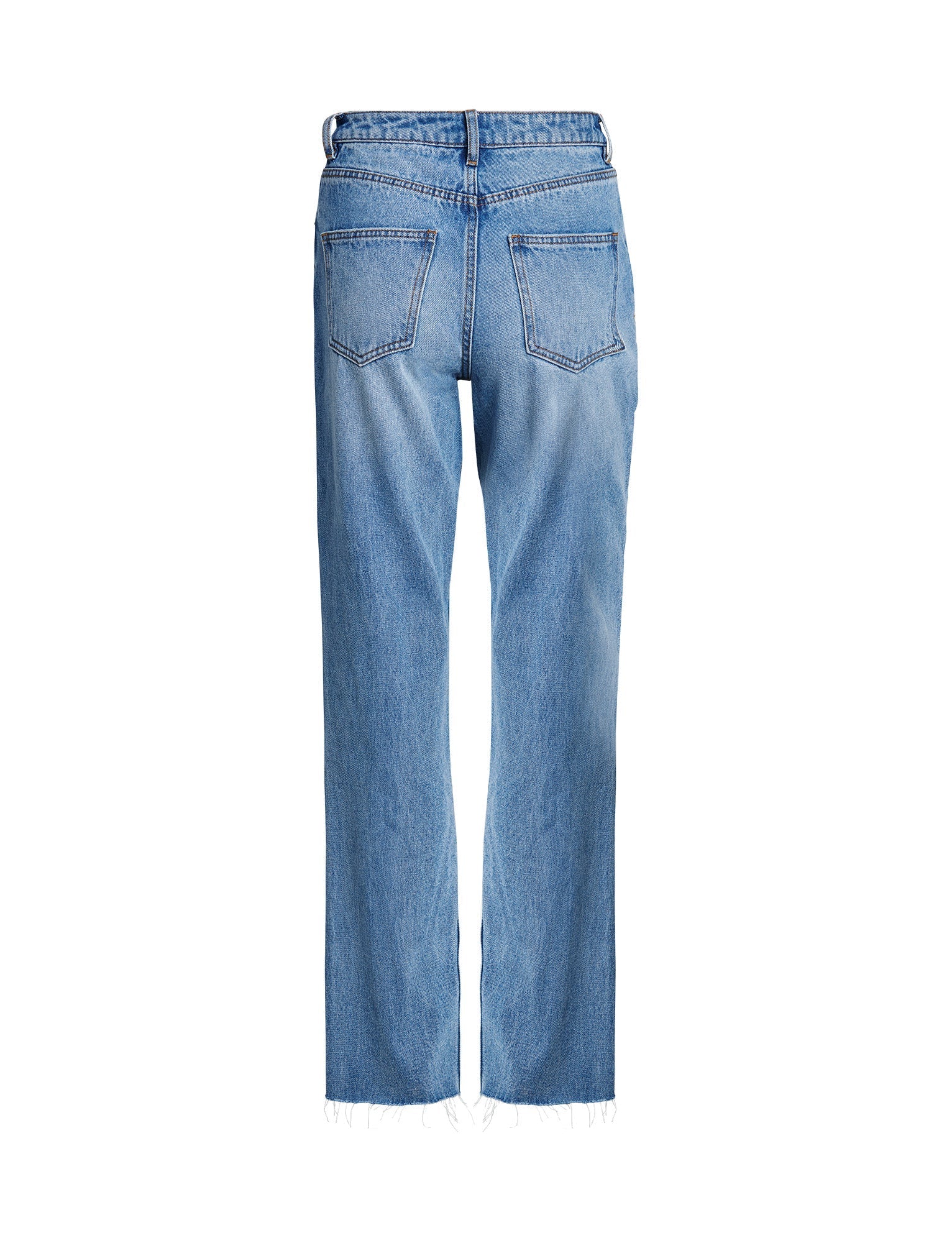 The SACHA JEAN - MID BLUE by TIGERMIST is a pair of high-waisted blue denim jeans with a relaxed straight-leg design, shown from the back. These jeans feature two back pockets, visible stitching along the seams, and a raw hemline.